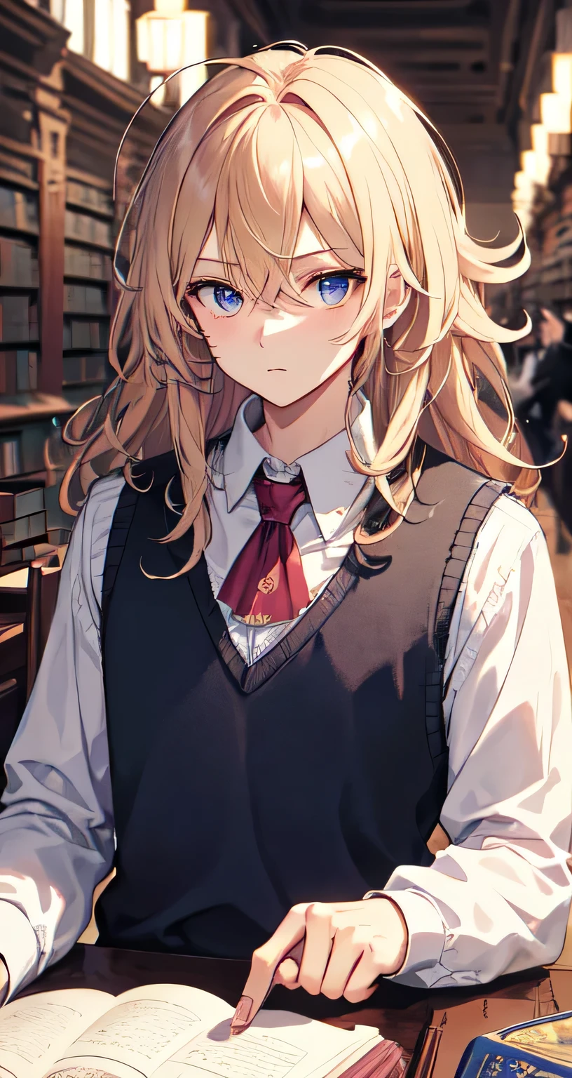 masterpiece, (((highest quality)))), ((super detailed)), ((illustration)),
(((library))), (((1male))), blond_hair, ((shoulder-length_hair)), fluffy hair, (((messy_hair))), dark_blue_eyes, clavicle, indigo sweater vest, nervous, [blush], looking_at_viewer, [soft]
(white_collared_shirt, long_sleeves, 1), black_suit_pants, pink x_hair_ornament)