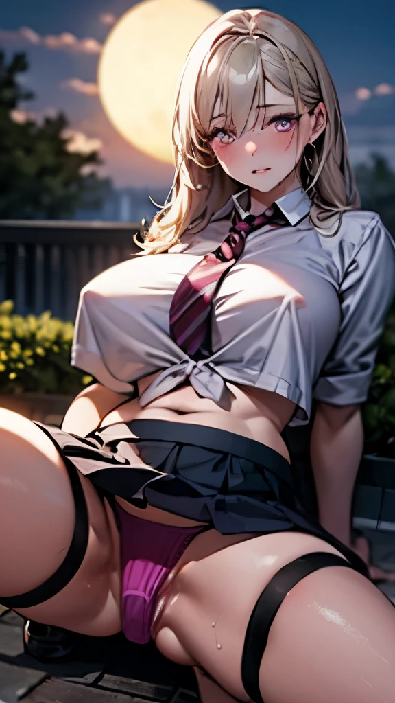 realisTic, 1 girl, gray hair, purple eyes, shining eyes, crop Top, skirT, parTed lips, blush, nighT, flowers, sun, sunlighT, (In underwear), sTockings, i Don&#39;T&#39;Don&#39;T have cloThes, visible panTies, embarrassing, almosT i Don&#39;T&#39;Don&#39;T have cloThes, wearing a garTer belT、Plump body、big breasts、big ass、plump thighs、Bend your knees and spread your legs wide、wet body