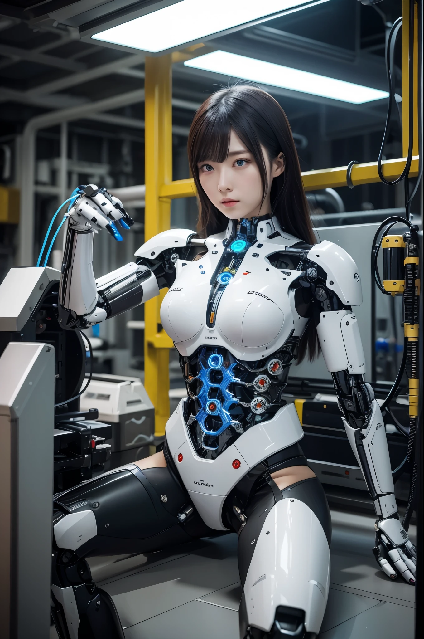 masterpiece, best quality, extremely detailed,8k portrait,Japaese android girl,Plump,control panels,android,Droid,Mechanical Hand, Robot arms and legs, Black Robot Parts,Black hair,Mechanical body,Blunt bangs,White robotics parts,perfect robot girl,long tube,thick cable connected her neck,ceramic body ,mechanical body,mechanical costume,android,robot,humanoid,cyborg,japanese android woman,mechanical chest,future laboratory,connecting a cable between the legs,(blue eyes:1.5)