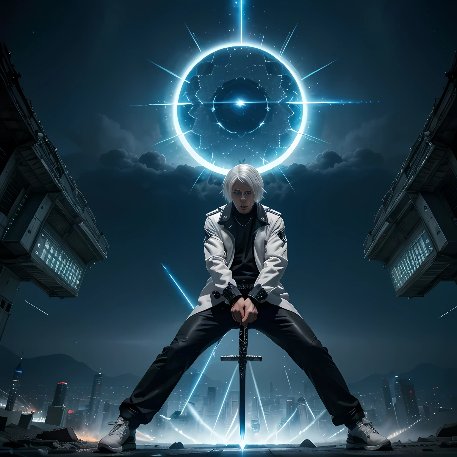 boy with white hair angry facial expression, with a futuristic anime-style jacket panoramic view with a futuristic sword offensive movement with the sword special effects in full combat with offensive position the sword emanates pure energy and launches a wave of celestial energy lightning co and look would be combat in the middle of an apocalyptic War in a futuristic city in the style of Japan. 