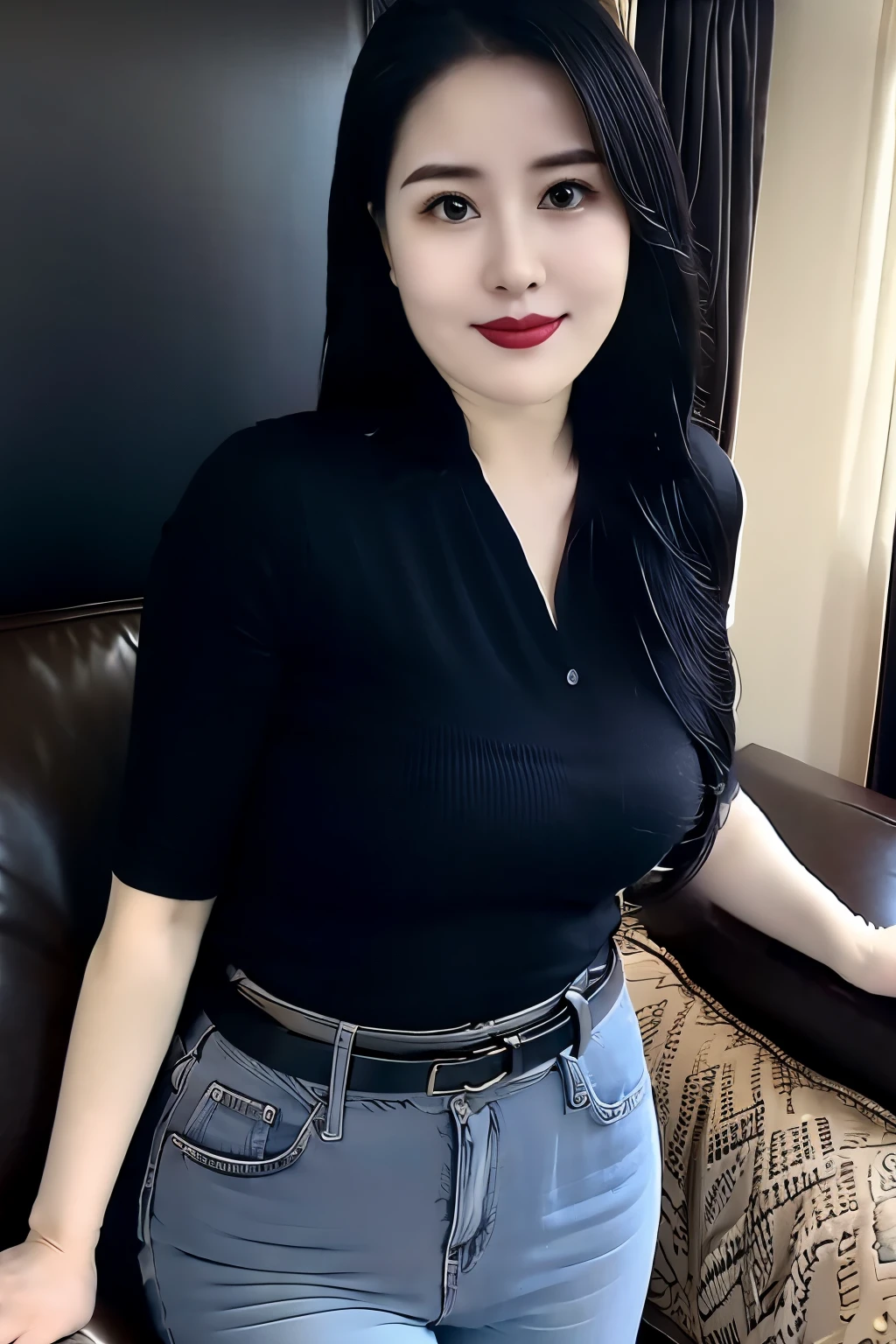 Draw lips correctly, red lipstick, from chest up, best quality, Super detailed, lifelike, Super fine skin, perfect anatomy, (1 日本Mature的女人), (alone)，Wear a gray shirt，short sleeves，blue jeans，black belt，wavy long hair，37-year-old female，Mature，charming smile，indoor background：Luxurious large sofa，stand，Leg length，Chubby，Big breasts，stand up，full-body shot