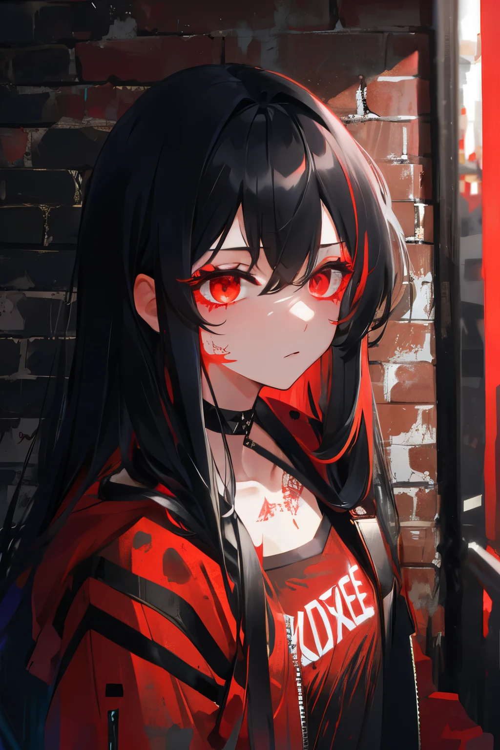 best quality, intricate details, chromatic aberration,
1girl, long hair, black hair, messy hair, red highlights, hair over one eye, red eyes, sharp eyes,
choker, neon shirt, torn legwear, open jacket,
against wall, brick wall, graffiti, glowing grafiti, glowing tattoos, glow, neon lights,
blacklight,