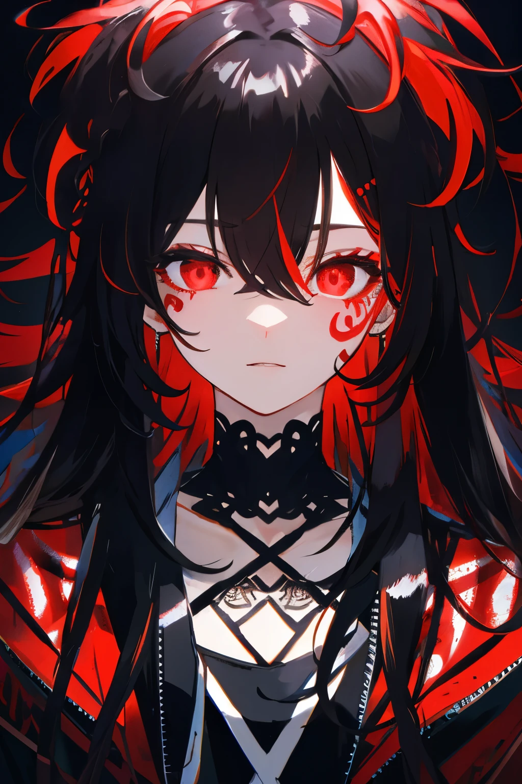 best quality, intricate details, chromatic aberration,
1girl, long hair, black hair, messy hair, red highlights, hair over one eye, red eyes, sharp eyes,
choker, neon shirt, torn legwear, open jacket,
against wall, brick wall, graffiti, glowing grafiti, glowing tattoos, glow, neon lights,
blacklight,