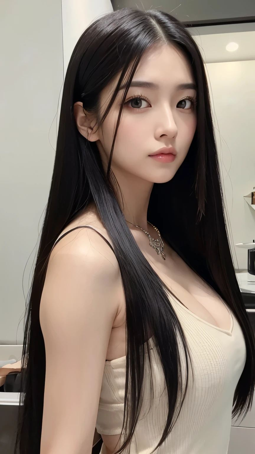 Black long hair、straight hair、perfect face、Beauty、cool woman、strong-willed woman、looking at the camera、Married woman、slightly round face、