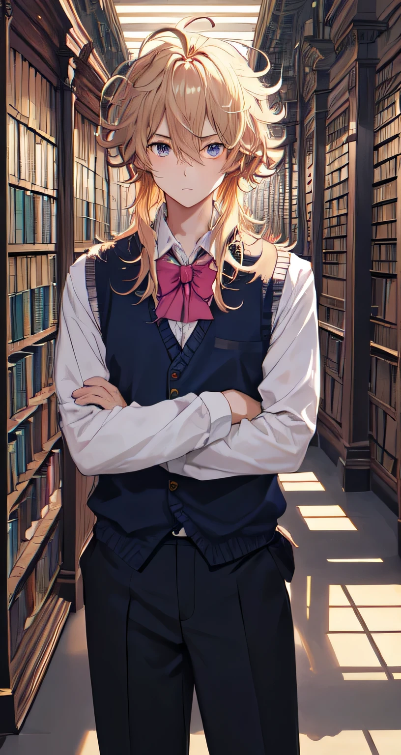masterpiece, (((highest quality)))), ((super detailed)), ((illustration)),
(((library))), (((1male))), blond_hair, ((shoulder-length_hair)), fluffy hair, (((messy_hair))), dark_blue_eyes, clavicle, indigo sweater vest, nervous, [blush], looking_at_viewer, [soft]
(white_collared_shirt, long_sleeves, 1), black_suit_pants, pink x_hair_ornament)