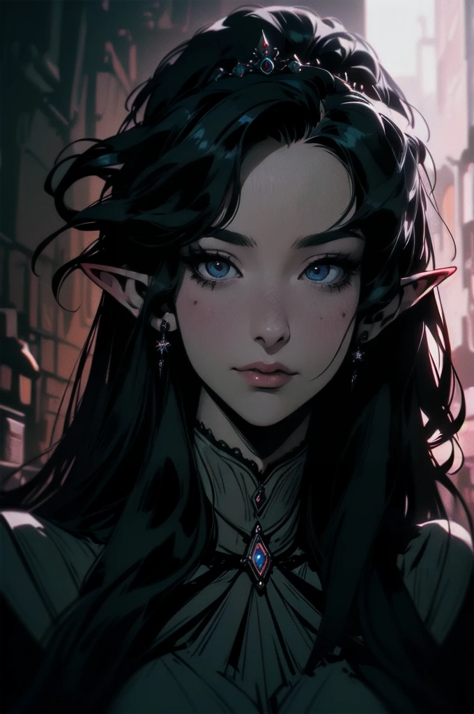 { - anatomy error}(Masterpiece - Ultra-detailed, very high resolution)moonlight, hyper-realistic of a mysterious woman with flowing black hair, ears of elf, piercing opal eyes, and a delicatelace crown, delicate smile, upper body,