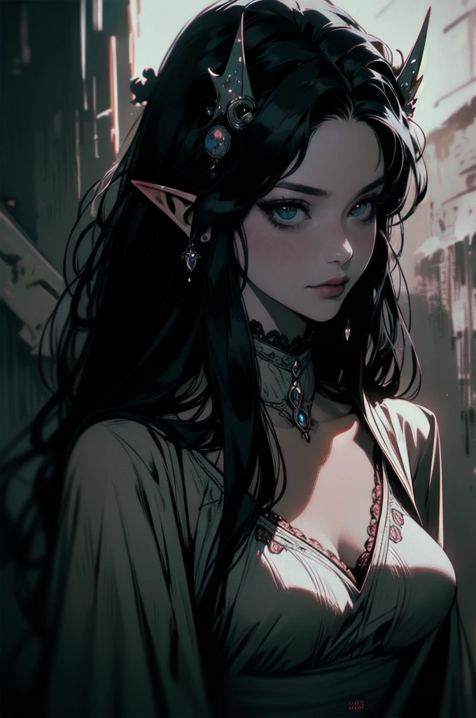 { -  error}(Masterpiece - Ultra-detailed, very high resolution)moonlight, hyper-realistic of a mysterious woman with flowing black hair, ears of elf, piercing opal eyes, and a delicatelace crown, delicate smile, upper body, 