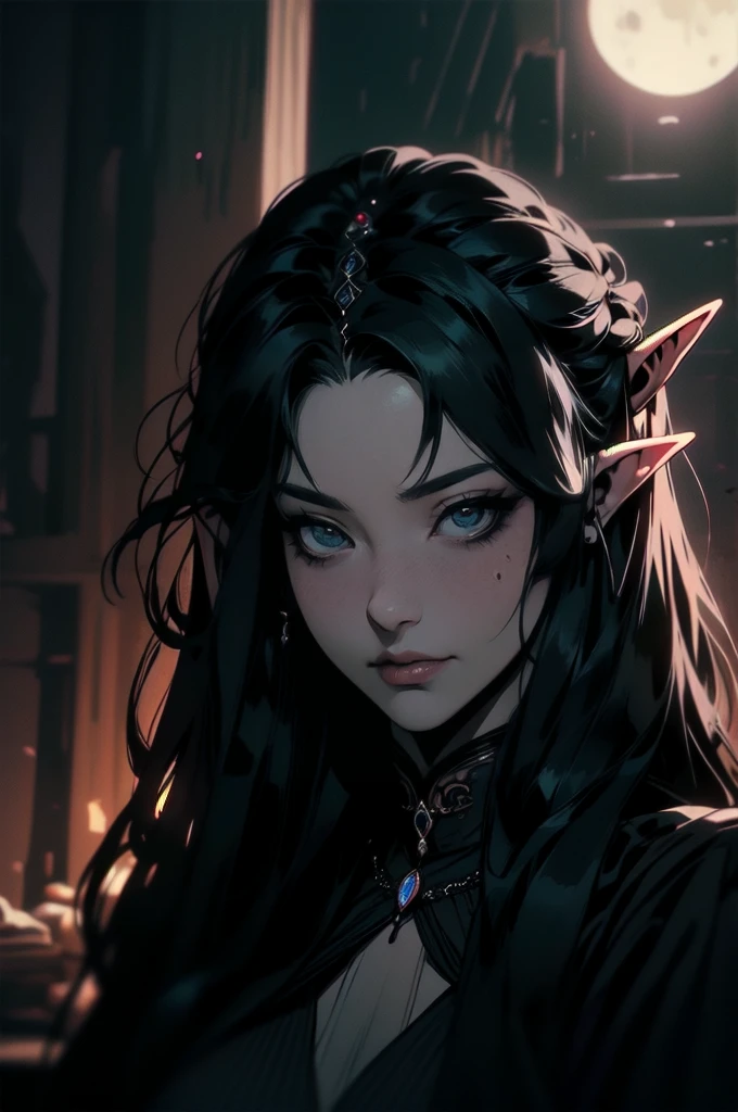 { - anatomy error}(Masterpiece - Ultra-detailed, very high resolution)moonlight, hyper-realistic of a mysterious woman with flowing black hair, ears of elf, piercing opal eyes, and a delicatelace crown, delicate smile, upper body, 