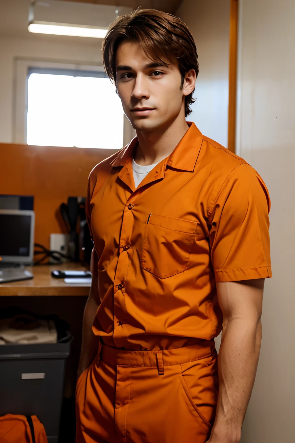 wears an orange work uniform, male, dashing, hard worker