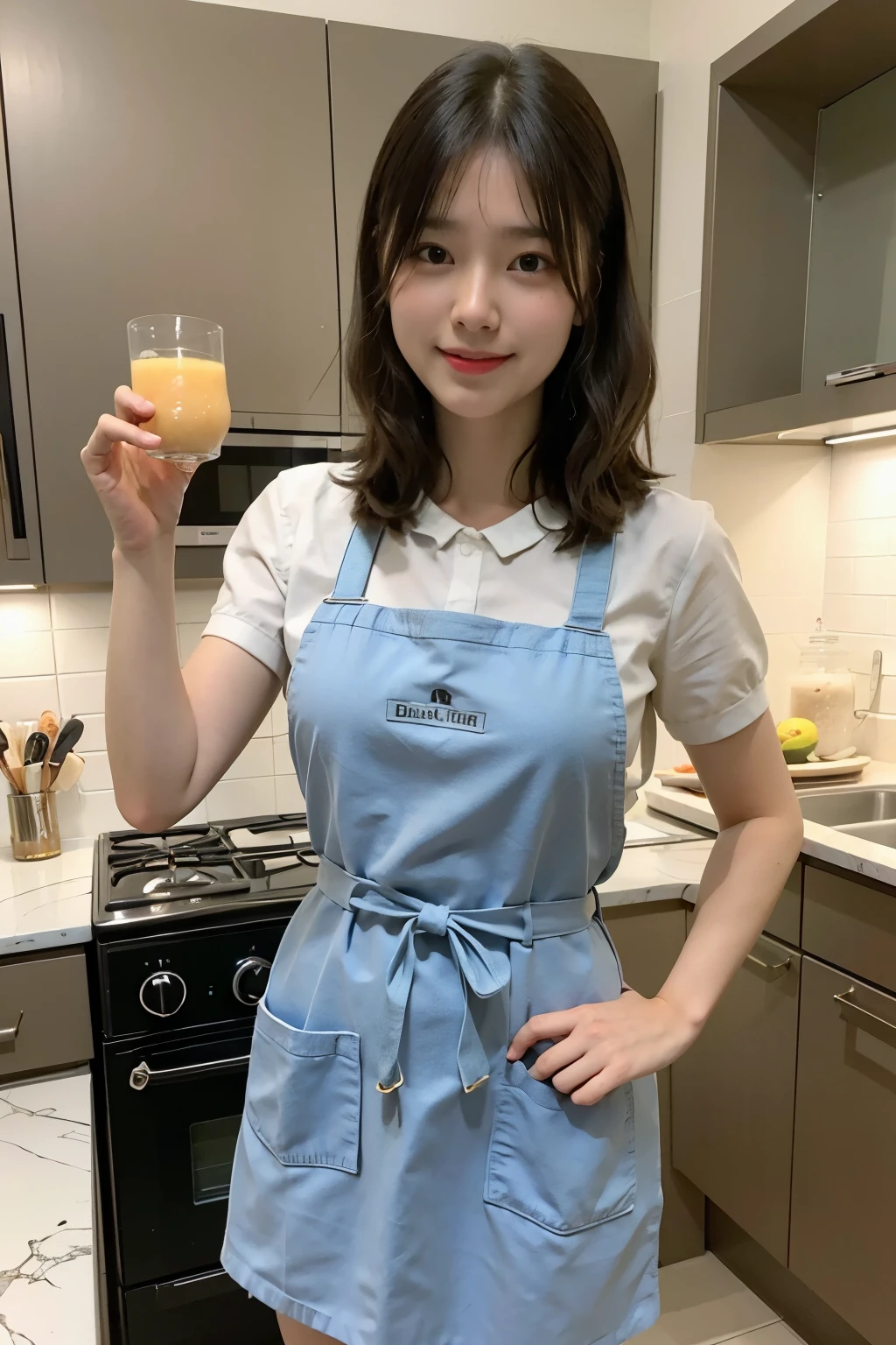 a woman is cooking、(kitchen_apron:1.wear 3)、good hand、4k、High resolution、masterpiece、highest quality、cap:1.3、((Hasselblad Photos))、fine skin、sharp focus、(cinematic lighting)、soft lighting、dynamic angle、[:(detailed face:1.2):0.2]、Medium chest、Skin with sweat flowing:1.2、(((in the kitchen))) laughter　beautiful profile　big breasts　beautiful body　tie hair　wide background々and a luxurious living room　luxury and luxury living　luxury living room　beautiful living room　beautiful living room　laughter　orange　lemon　laughter　laughter　With banana　pineapple　luxurious room　beautiful lighting　beautiful lighting　Very spacious部屋　very high quality　very high resolution　8k photo　Viewer&#39;s perspective　とてもゴージャスなkitchen　贅沢なkitchen　　ミリオネアのkitchen　素晴らしいkitchen　贅沢なkitchen　luxury illuminator　Very spacious々そしてkitchen　neat and beautiful　Classy and cute　change hairstyle