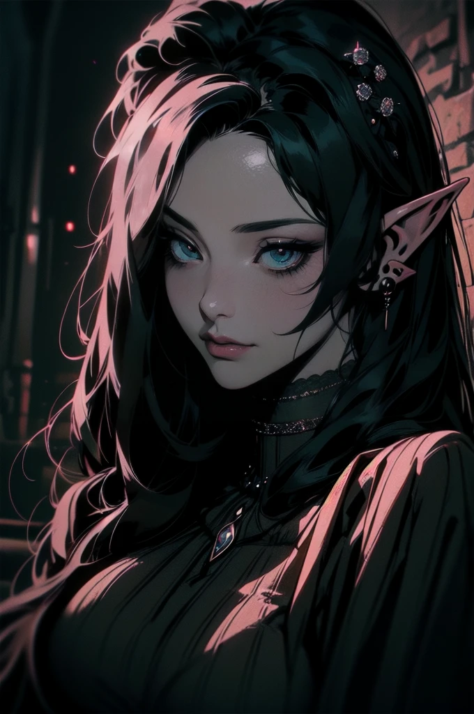 { - anatomy error}(Masterpiece - Ultra-detailed, very high resolution)moonlight, hyper-realistic of a mysterious woman with flowing black hair, ears of elf, piercing opal eyes, and a delicatelace crown, delicate smile, upper body,