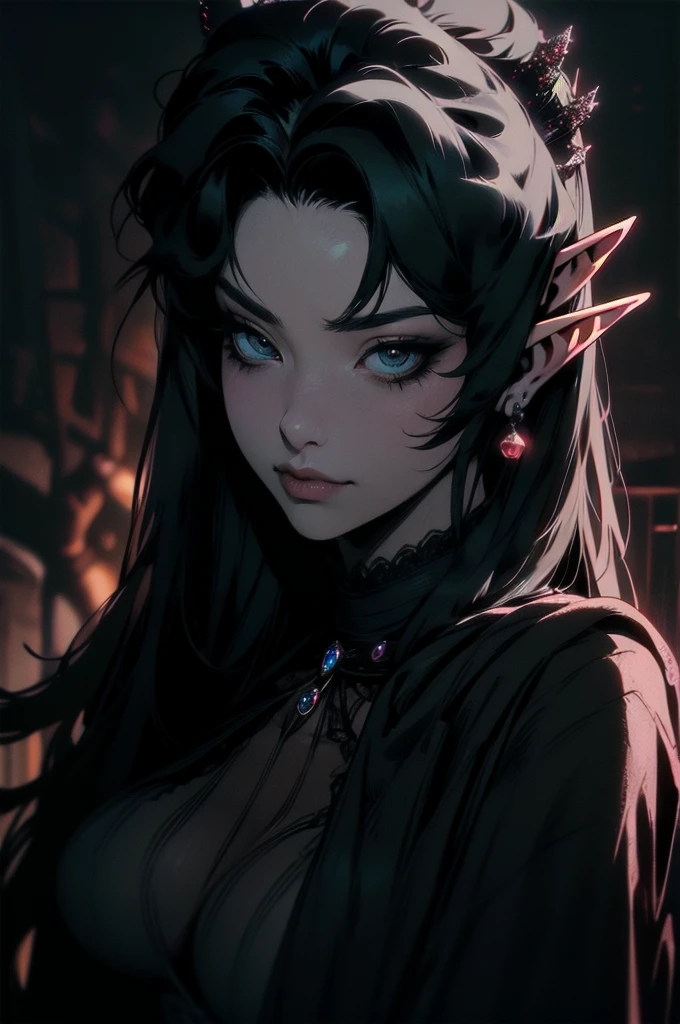 { - anatomy error}(Masterpiece - Ultra-detailed, very high resolution)moonlight, hyper-realistic of a mysterious woman with flowing black hair, ears of elf, piercing opal eyes, and a delicatelace crown, delicate smile, upper body,