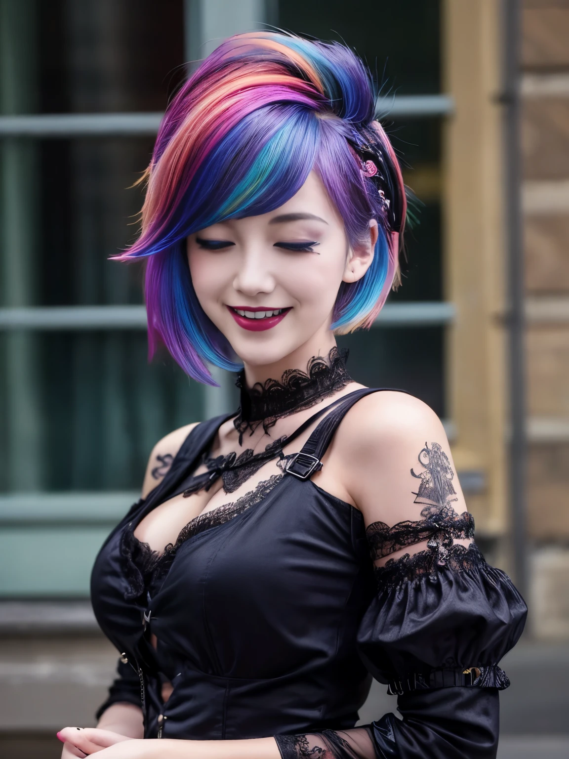 realistic, 1girl, punk haircut, gothic dress, facing viewer, large breasts, street, sleeves, lace, rainbow hair, 21 years old, hand on heart, grin, eyes closed, black lips,
