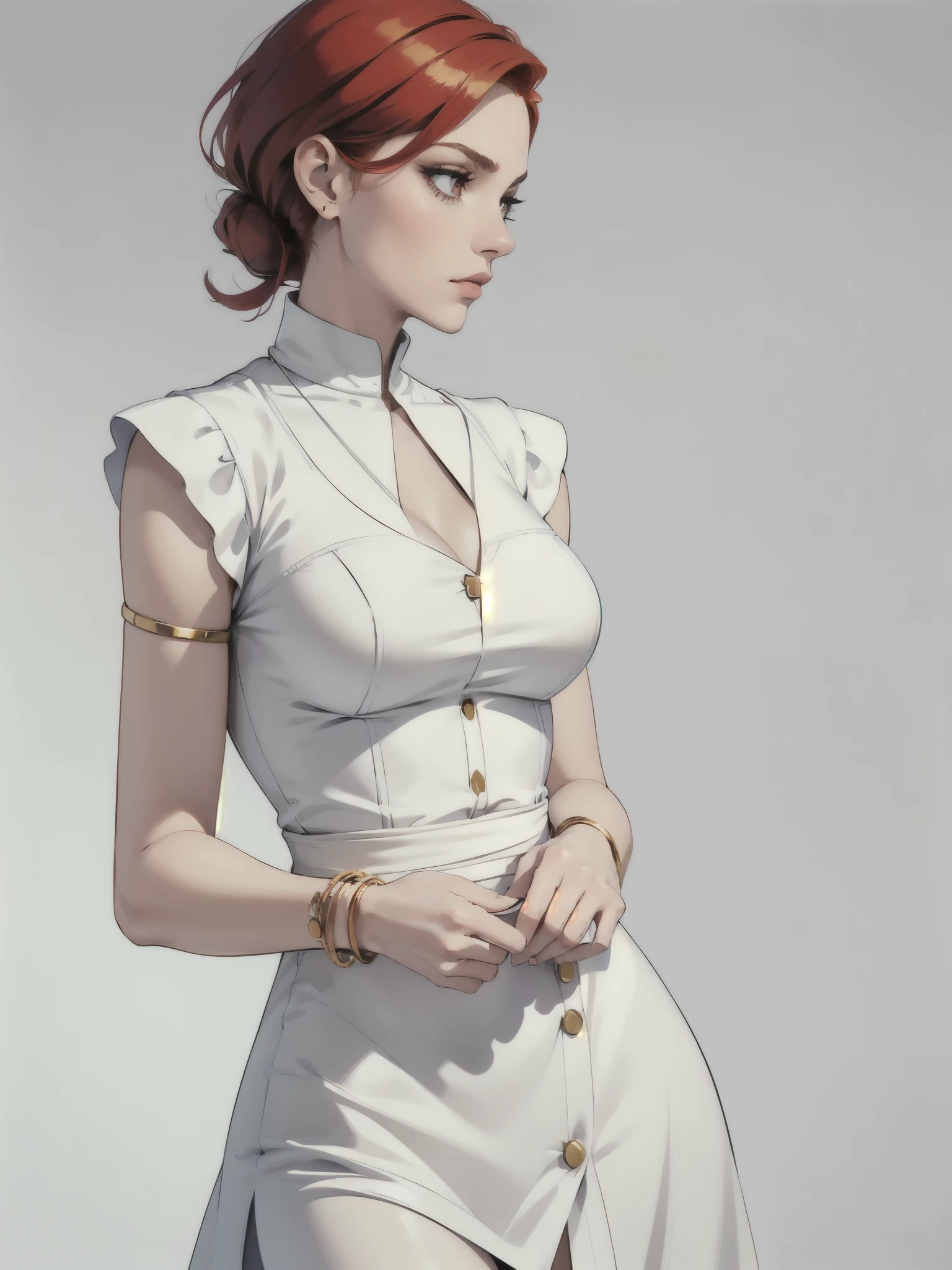 makeup, mascara, simple color palettes, one woman 25 years old, stylish, Clean, sharp designs, flowing silhouettes, Tight skirts, high-waisted pencil skirts, simple button up short sleeve dresses, buttoned sleeved blouses, asymmetrical, geometric, Elegant and luxurious materials and designs, Simple, minimal accessories, gold trim, elegant dress, Slim necklaces and rings in silver or gold, Simple bangles, Distinctive designs, simple silhouettes, chic and mature impression, simple and sophisticated style, elegance, minimalism, high quality materials, cool and urban impression, high fashion, , simplicity and sophistication, plain white dress, chic white dress ((red hair)), ginger hair
