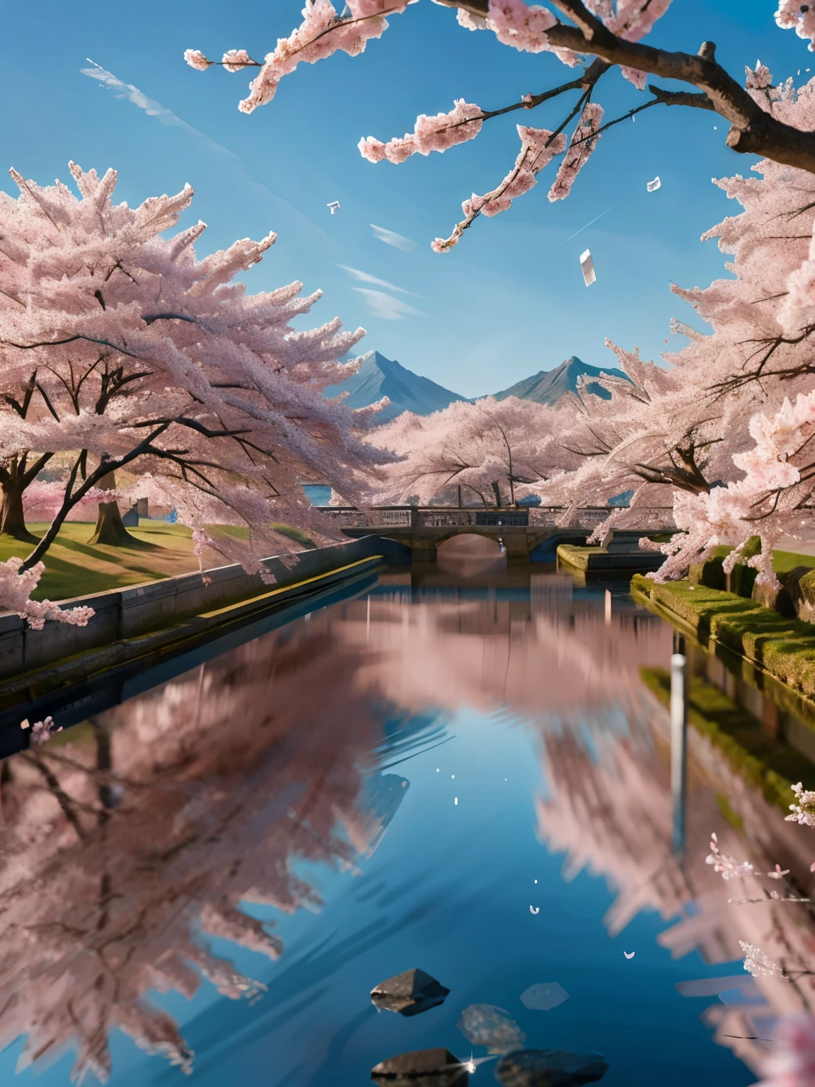 best quality, 4K, 8K, High resolution, masterpiece, Super detailed, lifelike, mixer, Cosmetic bottles, Surrounded by cherry blossoms, blue sky background, water, Sunlight, low angle of view, Product renderings