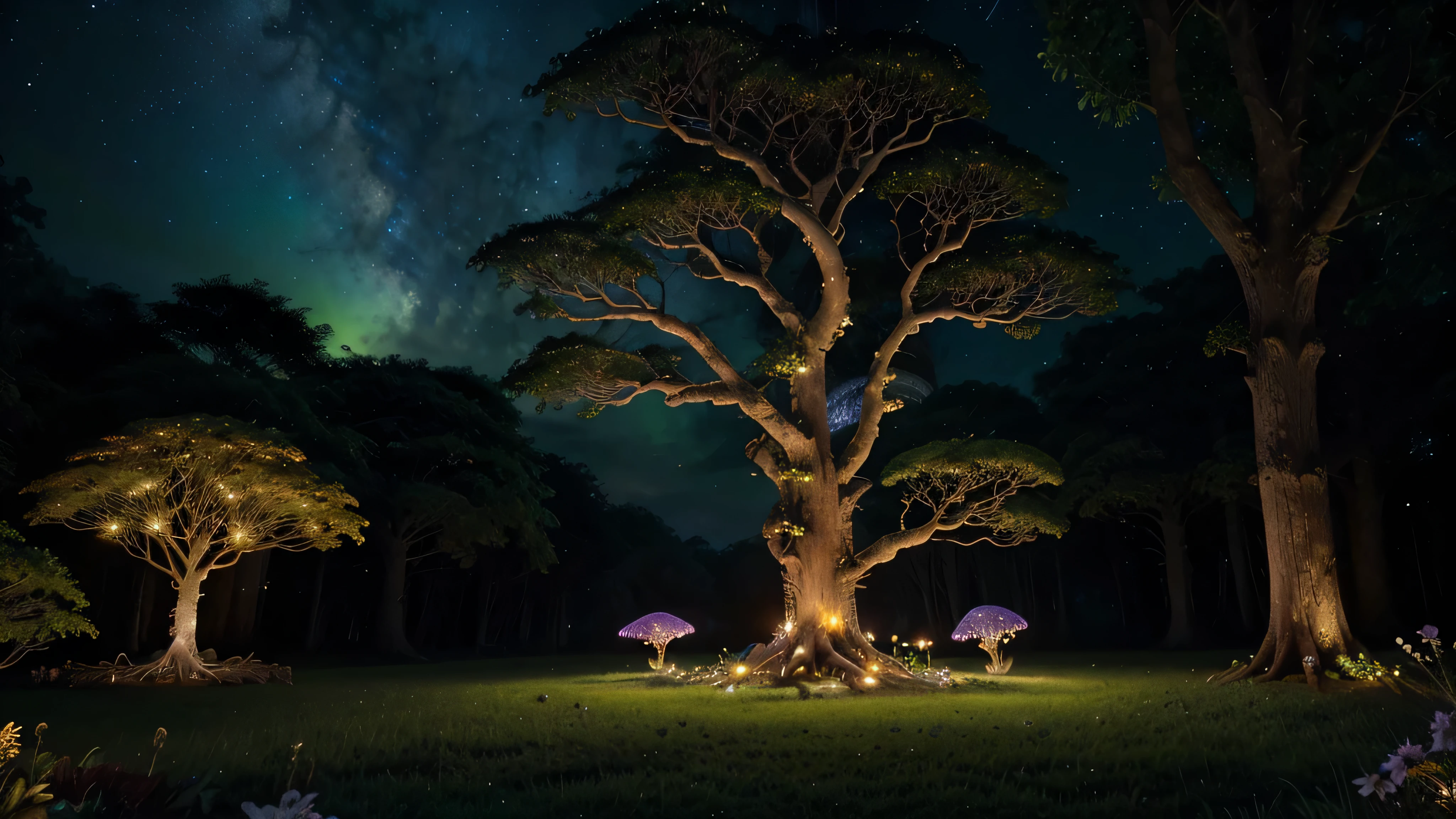 Visualize a majestic, ancient tree at the heart of a bioluminescent forest. Its enormous trunk and sprawling branches are adorned with glowing flowers and moss, serving as a beacon of light and life. The ground around the tree is covered in a tapestry of glowing fungi and flowers, with ethereal creatures gathering in its radiance. The sky above is filled with the silhouettes of other towering trees, their canopies aglow, under a canopy of stars. This scene symbolizes the interconnectedness of life and the mystical power of nature.