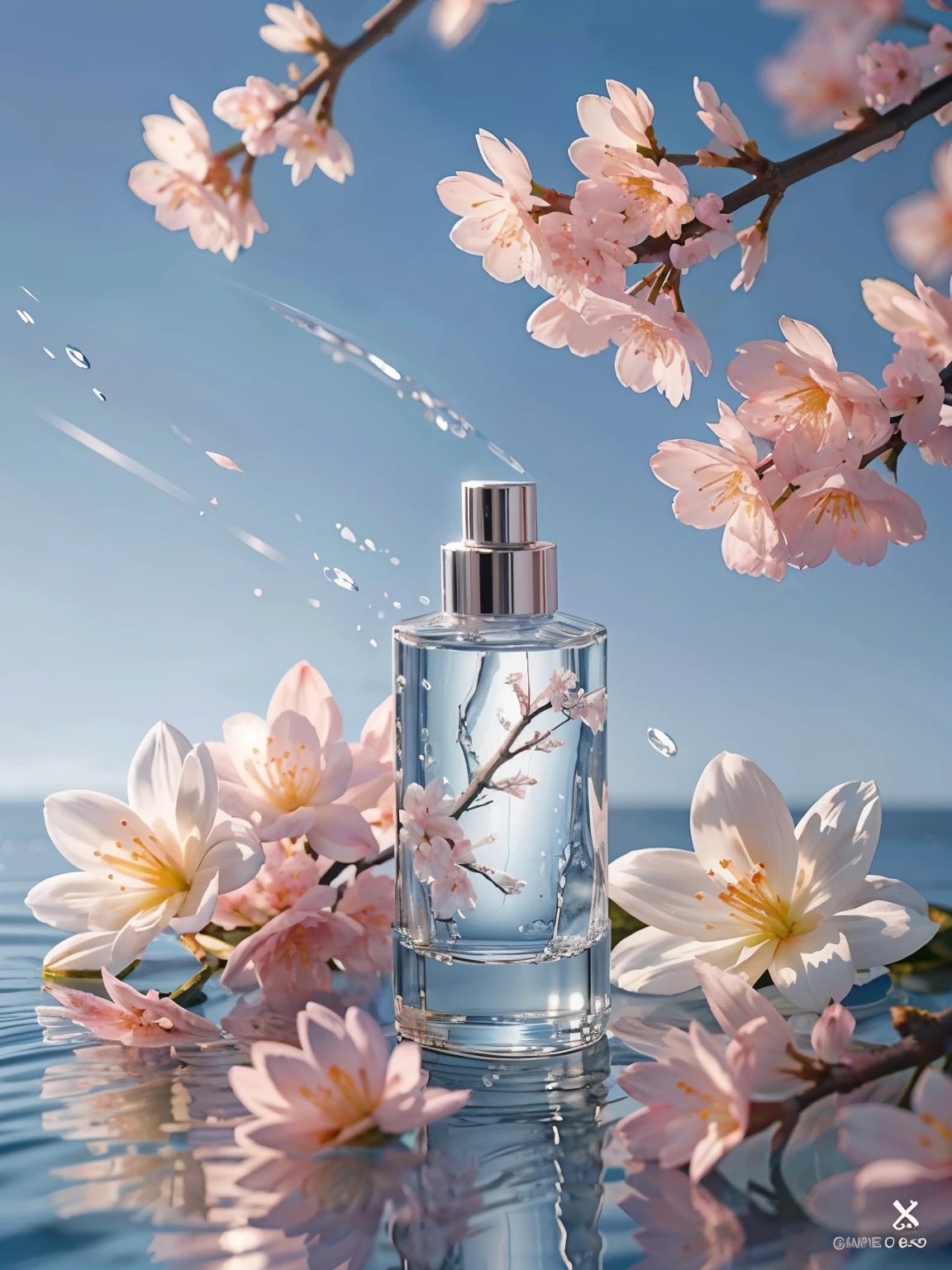 best quality, 4K, 8K, High resolution, masterpiece, Super detailed, lifelike, mixer, Cosmetic bottles, Surrounded by cherry blossoms, blue sky background, water, Sunlight, low angle of view, Product renderings