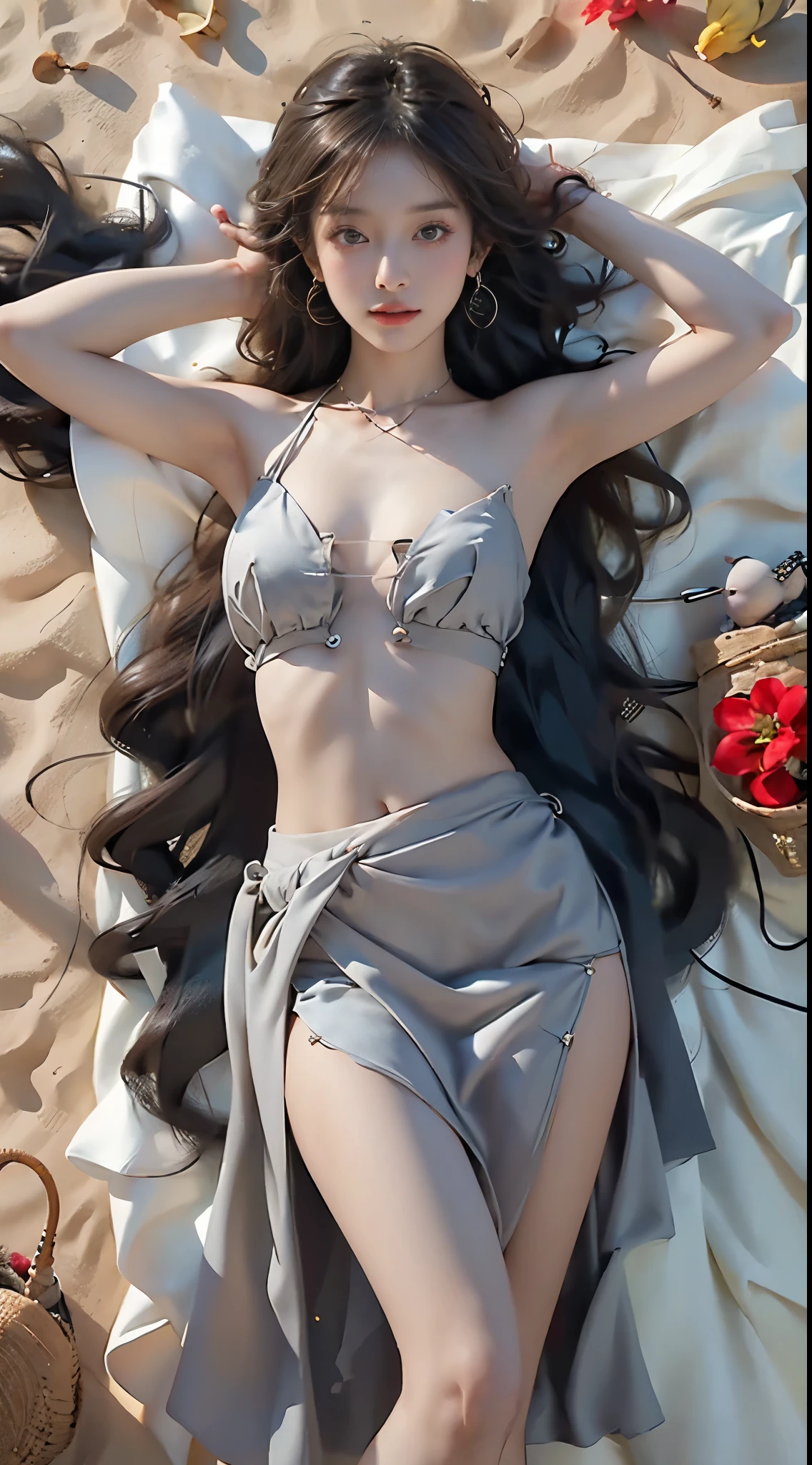 exotic_dance, 1girl, solo, ((bare shoulders)), (actual:1.37), ((lying on a beach)), ((Bird&#39;s eye view shot)), Sweet maiden, beautiful妆容, Exquisite makeup, Extremely beautiful eyes, long hair, curls, slim body, big breasts, cleavage, Sexy slender legs, The skirt is short, Leaking sexy legs, elegant posture, best quality, correct, correct的手, correct的腿, 解剖学correct, official art, complex, detail的脸, detail, lifelike, Very detailed, amazing, beautiful, Young and energetic, Charming model, Meticulous CG Uniform 8k wallpaper