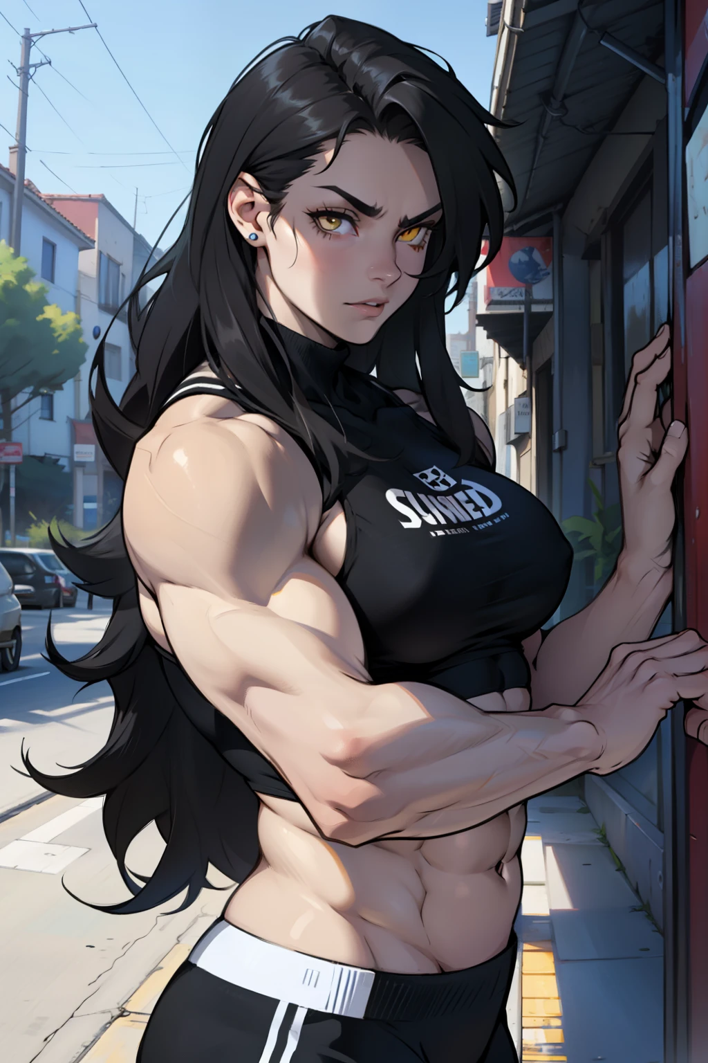 disgust ((((1girl)))) (((bodybuilder))) pale skin black hair very long hair yellow eyes