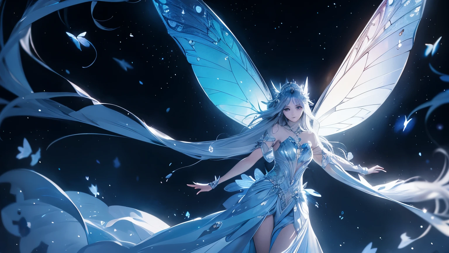 masterpiece, best quality, 8K, (photorealistic:1.4),(happy expression:1.3),(Sapphire eyes:1.2),BREAK,It depicts a fairy woman with transparent, iridescent butterfly wings. This fairy is floating in a different space illuminated by moonlight. Her wings are fantastically transparent and sparkle in the moonlight. The woman's attire emphasizes her elegance, with an elegant and mysterious style reminiscent of the night sky and stars,BREAK,The background is a fantastical moon and the different spaces that surround it, with stars and galaxies forming beautiful patterns. The lighting is a soft glow emanating from the moon, illuminating the fairy, her wings, and the surrounding otherworldly space in a fantastic, dreamlike beauty. This illustration captures a fairy woman with transparent, iridescent wings, drifting in a different space under the moonlight
EasyNegative,(worst quality, low quality:1.3),(monochrome, grayscale, poorly eyes, bad hands, watermark, username:1.2),kakipi