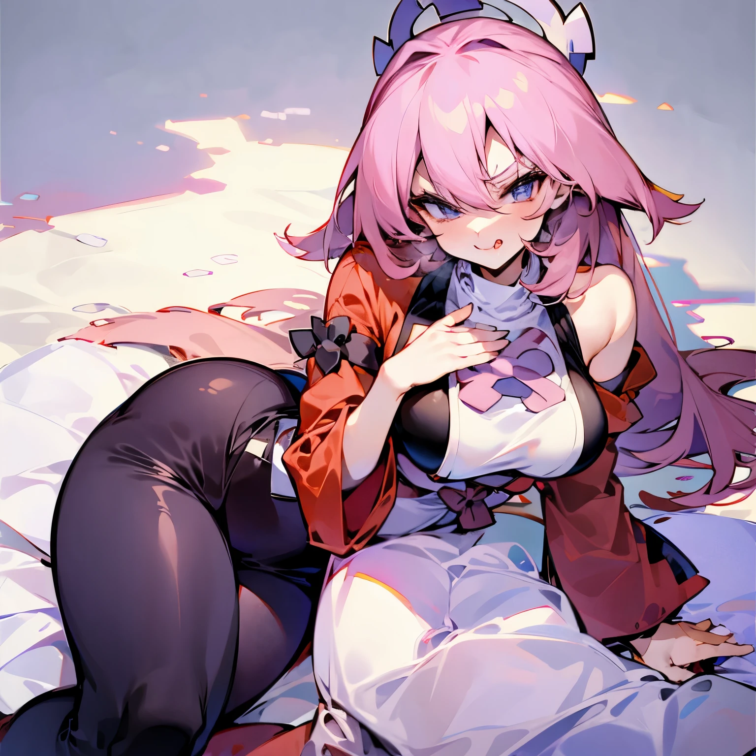 "anime girl, 1 person, pink hair, pink cat ears, pink eyes, t-shirt, white t-shirt, black women's open-shoulder jacket, black miniskirt, big breasts, has twin takana swords on her back, has a takana sword on her back Ice crystals flying around, blushing, smiling triumphantly, solo, frontal view, standing cross-legged. (full HD 4K+ image)"