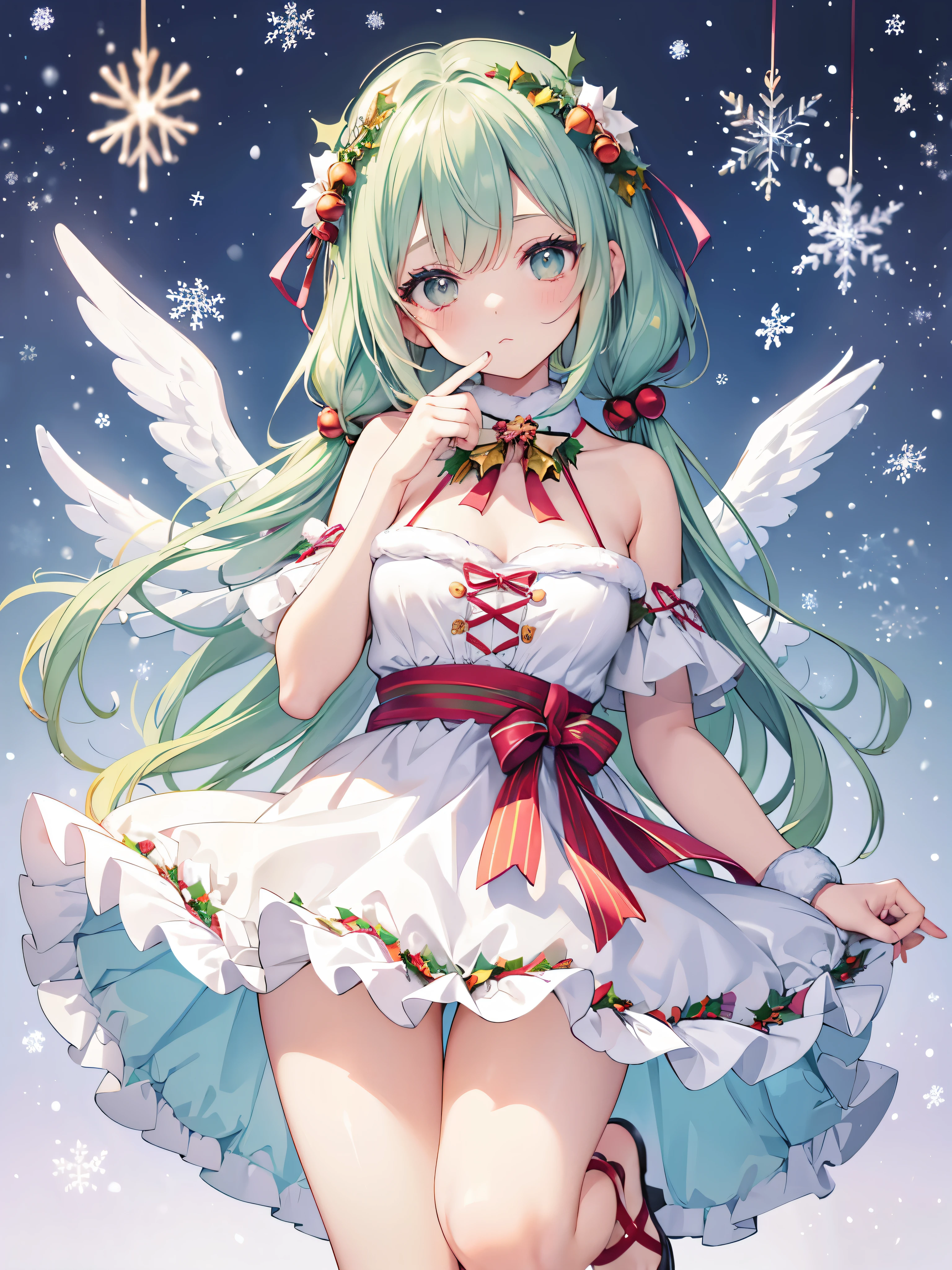 (green christmas mood 1.4),1girl in, Santa Claus dress pastel harmony garden sprite,Jumpsuit with oversized angel wings in pastel colors,Playful ruffles and layers create a whimsical touch,Narrow your waist to create a beautiful silhouette,A wreath decorated with flowers is worn as a crown,I tied a ribbon to my braided hair,Lace-up sandals or ballet shoes with ribbon ties,Moist makeup with pastel eyeshadow,Add glitter and flower petal accents to your cheeks,Finish with pastel colored nail polish,Snowflakes in the air,(christmas trick art:1.4),masutepiece