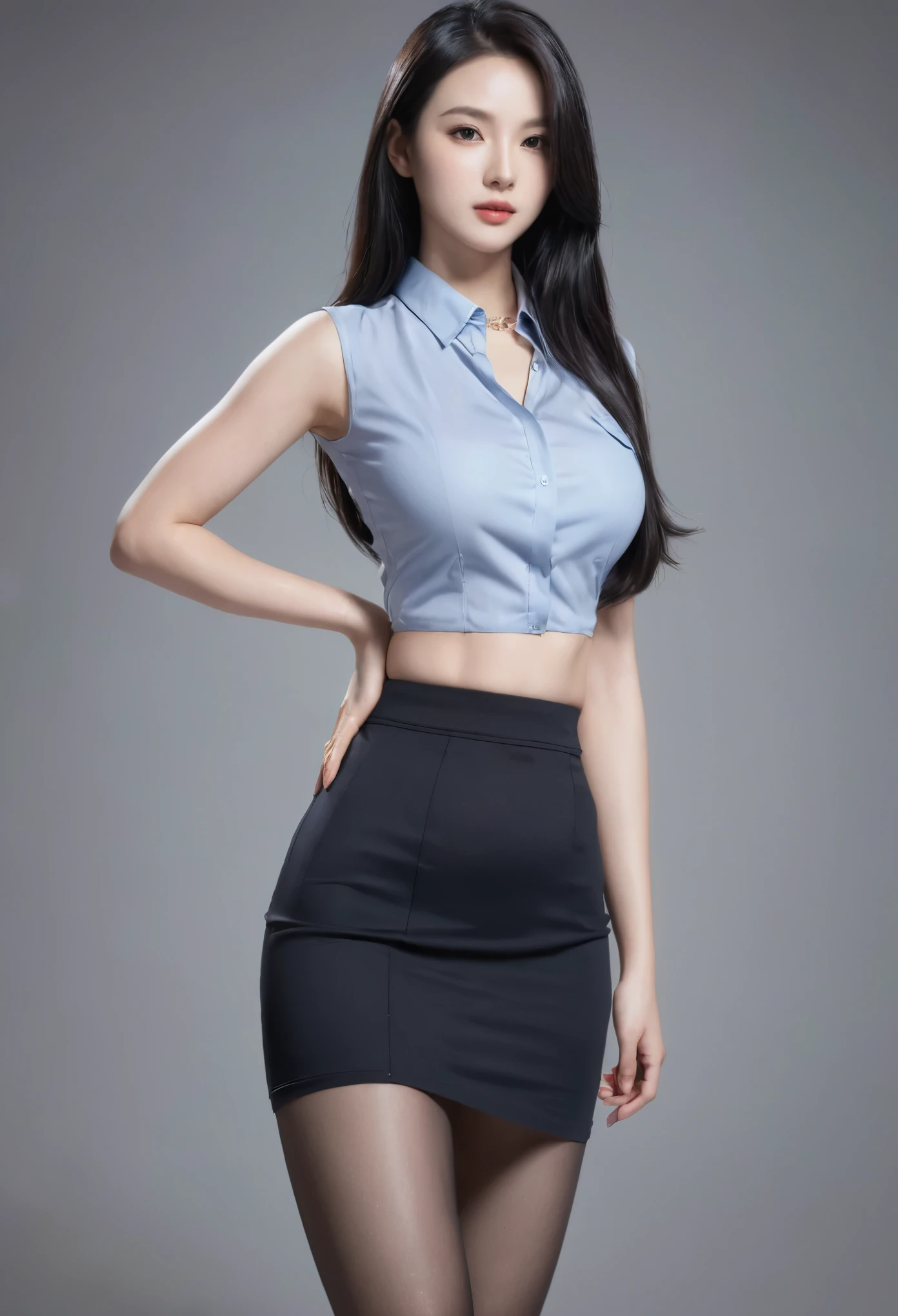 masterpiece, best quality, official art, model sheet, concept art, Large aperture, blurry background,(Perfect female body:1.2),(dark theme:1.3),(natural Skin texture, high clarity) , 1girl, solo, fullbody, long hair, skirt, black hair, standing, pantyhose, pencil skirt, high heels,pencil_skirt,high_heels,handbag