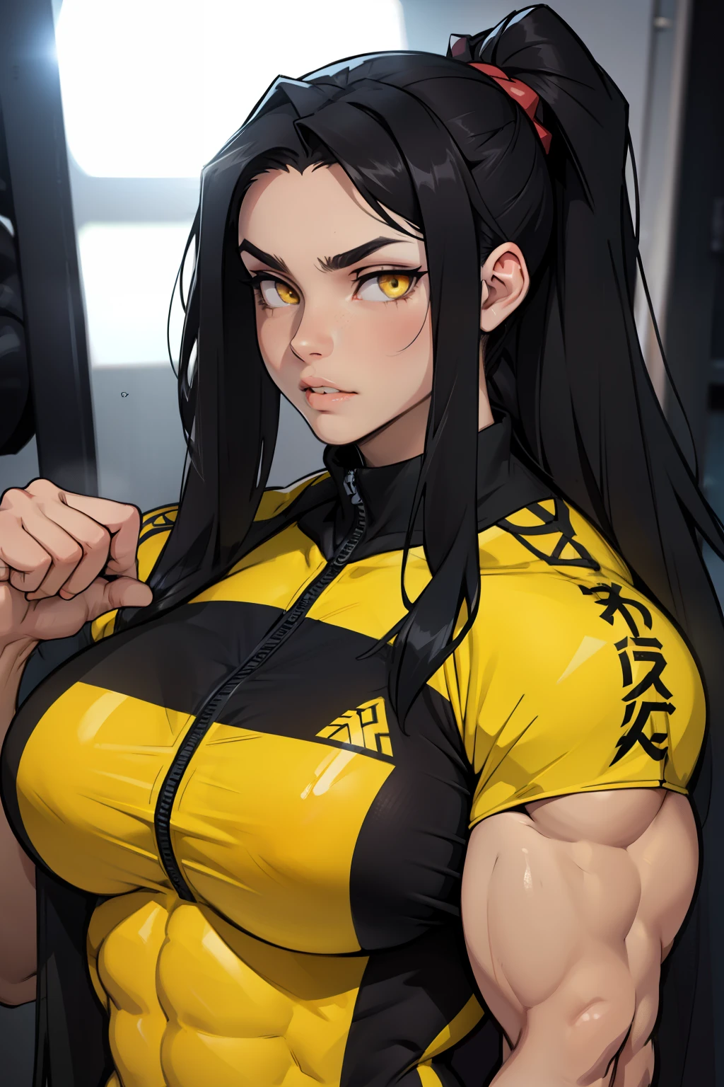 disgust ((((1girl)))) (((bodybuilder))) pale skin black hair very long hair yellow eyes