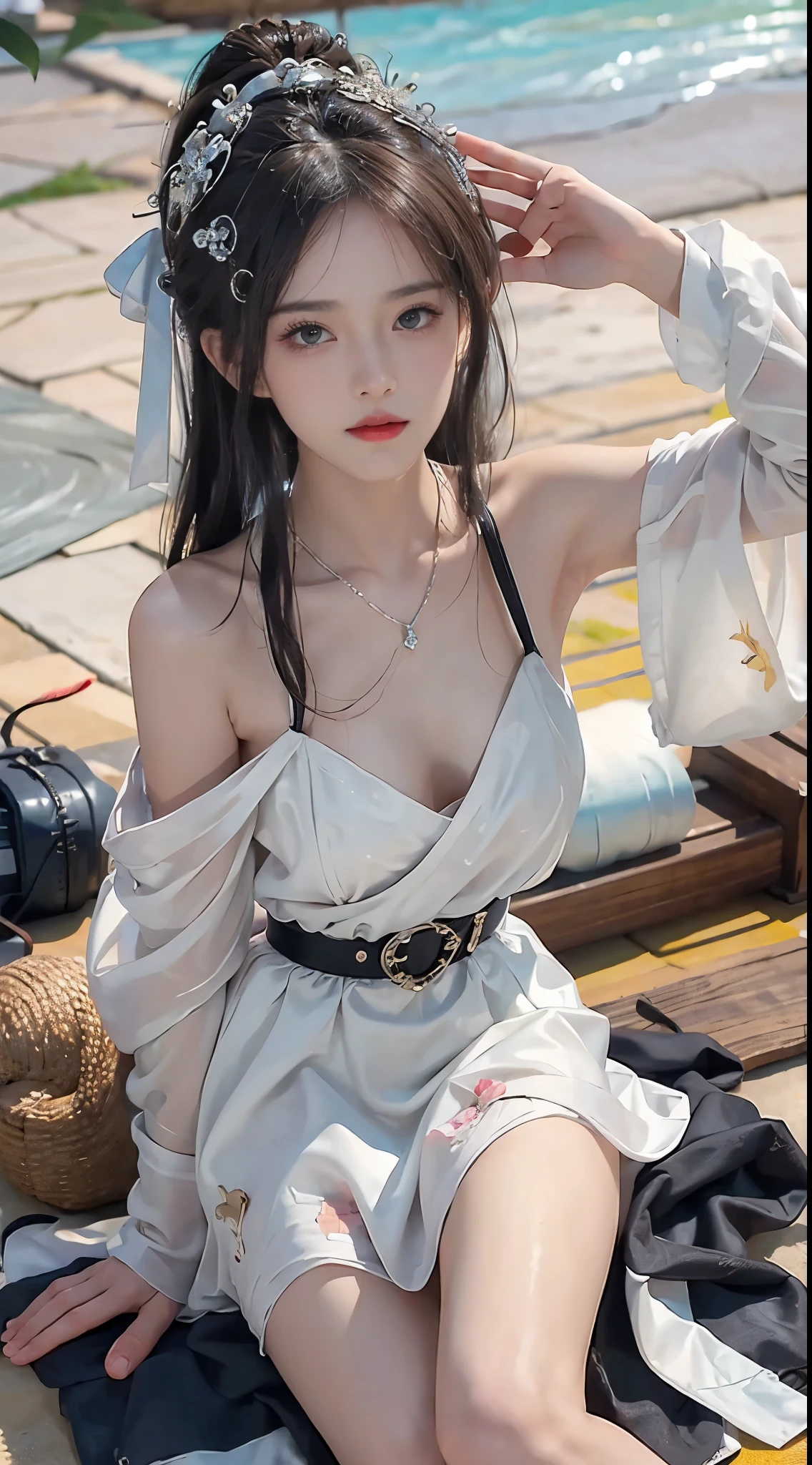 BAINV, (masterpiece, best quality:1.2), 1girl, solo, ((bare shoulders)), (actual:1.37), ((lying on a beach)), ((Bird&#39;s eye view shot)), Sweet maiden, beautiful妆容, Exquisite makeup, Extremely beautiful eyes, long hair, curls, slim body, big breasts, cleavage, Sexy slender legs, The skirt is short, Leaking sexy legs, elegant posture, best quality, correct, correct的手, correct的腿, 解剖学correct, official art, complex, detail的脸, detail, lifelike, Very detailed, amazing, beautiful, Young and energetic, Charming model, Meticulous CG Uniform 8k wallpaper