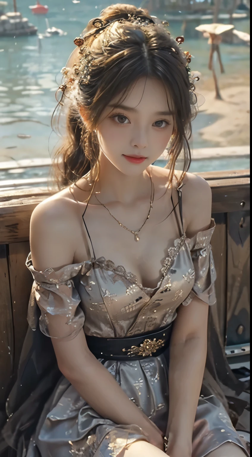 AncheReddressgirl, (masterpiece, best quality:1.2), 1girl, solo, ((bare shoulders)), (actual:1.37), ((lying on a beach)), ((Bird&#39;s eye view shot)), Sweet maiden, beautiful妆容, Exquisite makeup, Extremely beautiful eyes, long hair, curls, slim body, big breasts, cleavage, Sexy slender legs, The skirt is short, Leaking sexy legs, elegant posture, best quality, correct, correct的手, correct的腿, 解剖学correct, official art, complex, detail的脸, detail, lifelike, Very detailed, amazing, beautiful, Young and energetic, Charming model, Meticulous CG Uniform 8k wallpaper