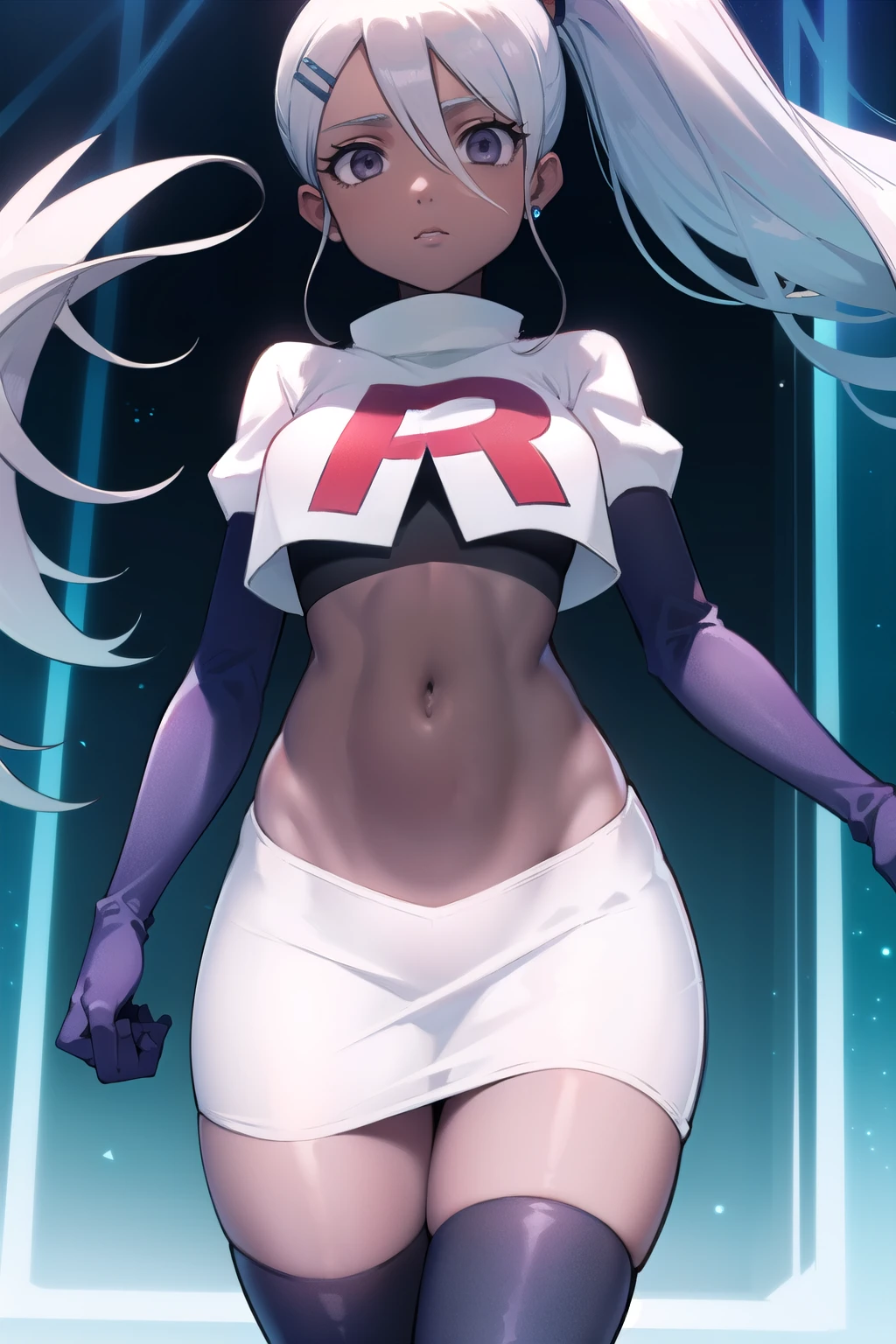 juliemakimoto, julie makimoto, long hair, hair ornament, ponytail, white hair, hairclip, dark skin, dark-skinned female, (grey eyes:1.5),
BREAK navel, jewelry, team rocket,team rocket uniform, red letter R, white skirt,white crop top,black thigh-highs,black elbow gloves
BREAK looking at viewer, (cowboy shot:1.5),
BREAK (masterpiece:1.2), best quality, high resolution, unity 8k wallpaper, (illustration:0.8), (beautiful detailed eyes:1.6), extremely detailed face, perfect lighting, extremely detailed CG, (perfect hands, perfect anatomy),