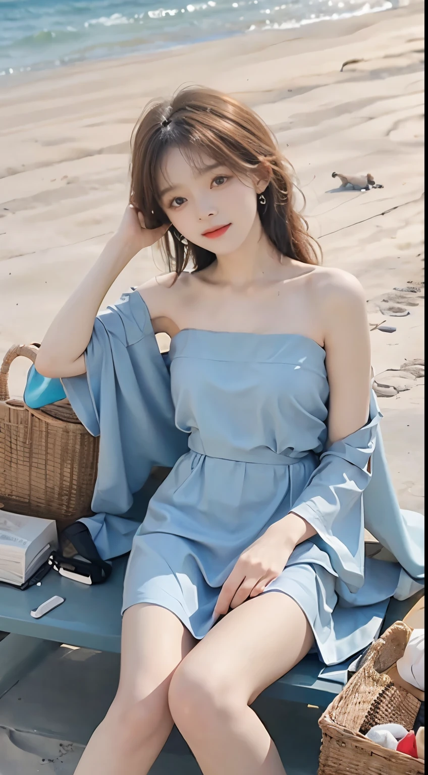 modern hanfu,collarbone,, (masterpiece, best quality:1.2), 1girl, solo, ((bare shoulders)), (actual:1.37), ((lying on a beach)), ((Bird&#39;s eye view shot)), Sweet maiden, beautiful妆容, Exquisite makeup, Extremely beautiful eyes, long hair, curls, slim body, big breasts, cleavage, Sexy slender legs, The skirt is short, Leaking sexy legs, elegant posture, best quality, correct, correct的手, correct的腿, 解剖学correct, official art, complex, detail的脸, detail, lifelike, Very detailed, amazing, beautiful, Young and energetic, Charming model, Meticulous CG Uniform 8k wallpaper