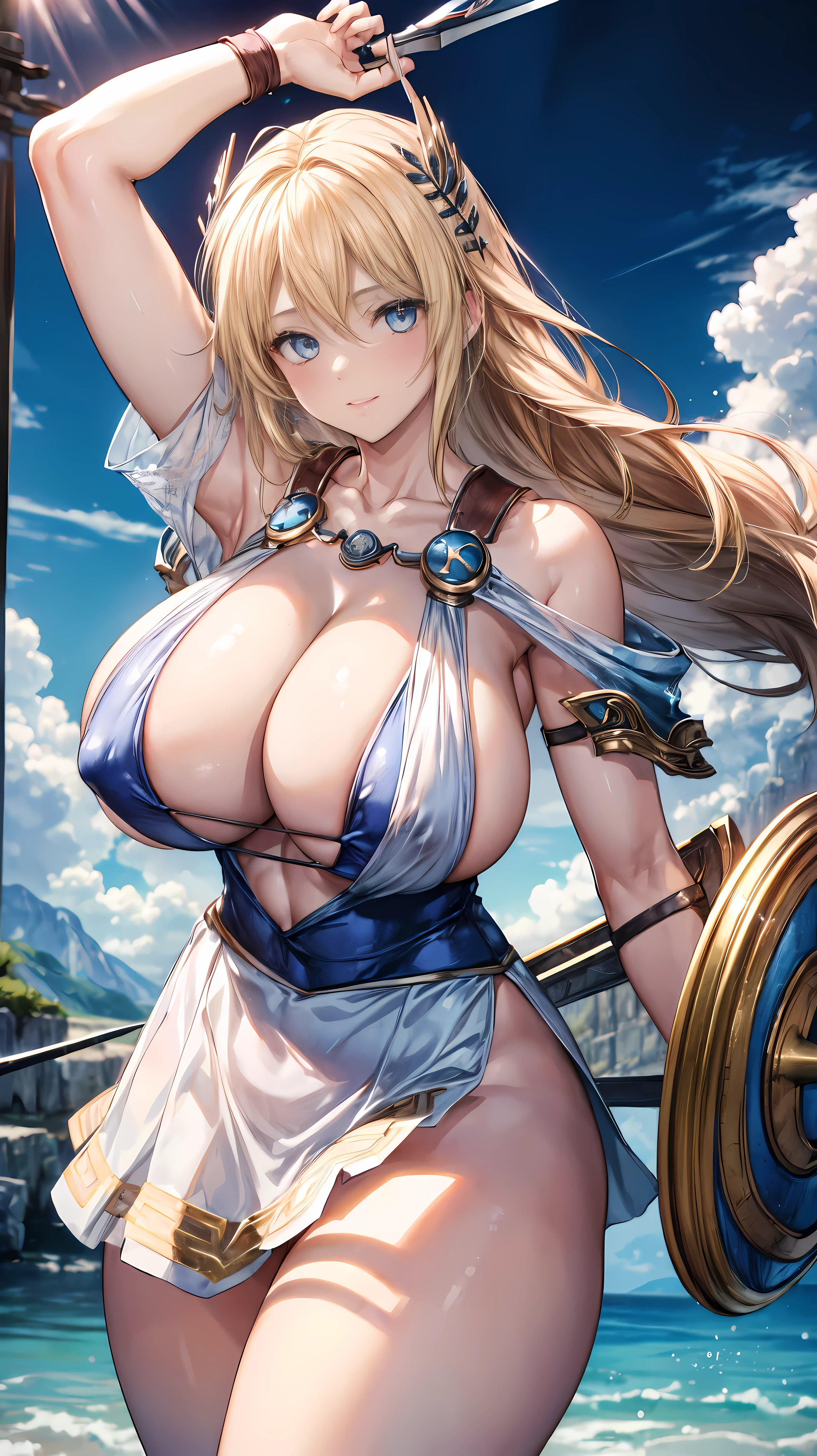 sensual, long blonde hair, thick thighs, 8K, 4k, highest quality, High resolution:1.2), cute anime face, noise reduction, shining blue eyes, gentle smile, kind eyes、toned abdominal muscles, muscular arms, muscular legs,  young face, anime eyes, (((My big breasts are about to burst)))、Sophitia Alexandra、Have a sword and shield、(SFW huge body:1.5)