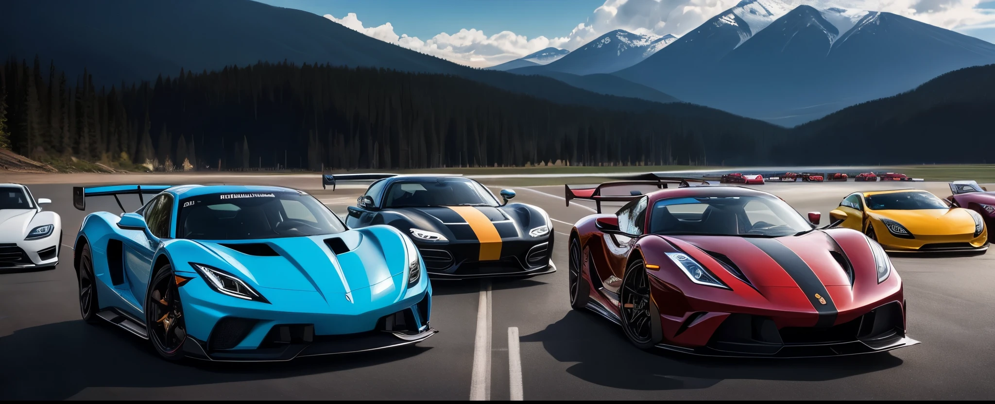 Unique image with several sports cars lined up facing each other