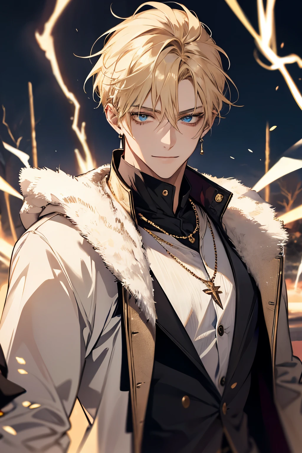 Masterpiece, absurdres, fine detail, HDR, solo, looking at viewer, smile, shirt, blonde hair, 1boy, hair between eyes, jewelry, jacket, golden eyes, upper body, male focus, earrings, necklace, ear piercing, FH , lightning mage, toned, lightning mage robe, electrical aura, early 20s,