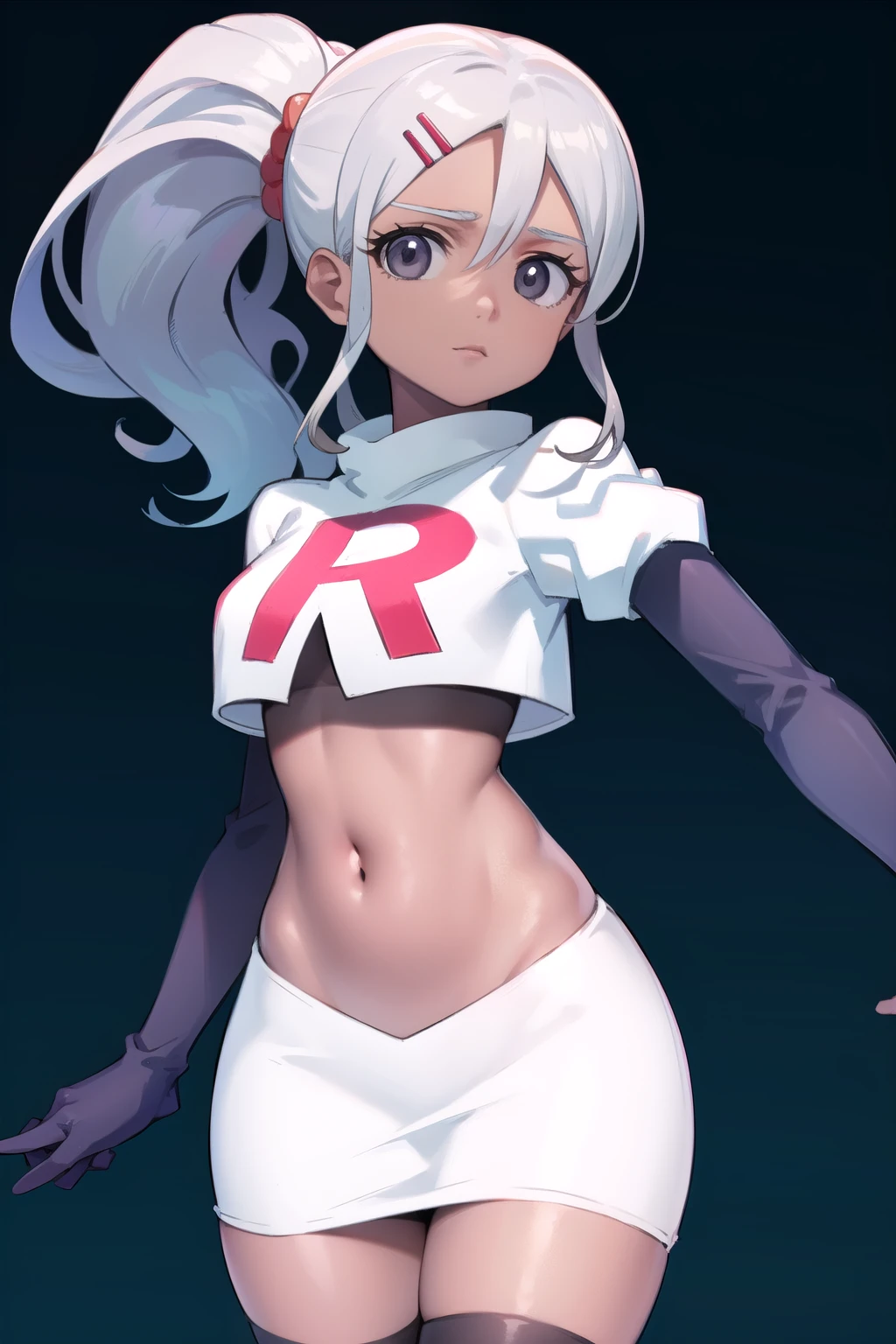 juliemakimoto, julie makimoto, long hair, hair ornament, ponytail, white hair, hairclip, dark skin, dark-skinned female, (grey eyes:1.5),
BREAK navel, jewelry, team rocket,team rocket uniform, red letter R, white skirt,white crop top,black thigh-highs,black elbow gloves
BREAK looking at viewer, (cowboy shot:1.5),
BREAK (masterpiece:1.2), best quality, high resolution, unity 8k wallpaper, (illustration:0.8), (beautiful detailed eyes:1.6), extremely detailed face, perfect lighting, extremely detailed CG, (perfect hands, perfect anatomy),