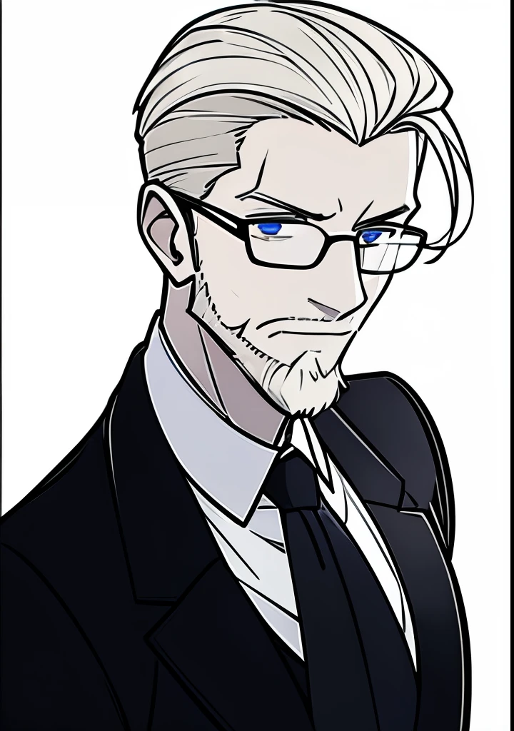 Adult male, white and tender skin, pale blonde slicked back combed short hair, kaisermustache and a ducktail beard, steel blue eyes, green and slightly mature, serious and emotionless facial expression,wearing a black suit jacket, white collar shirt, black tie and suit pants and glasses, portrait style, facing forwards
