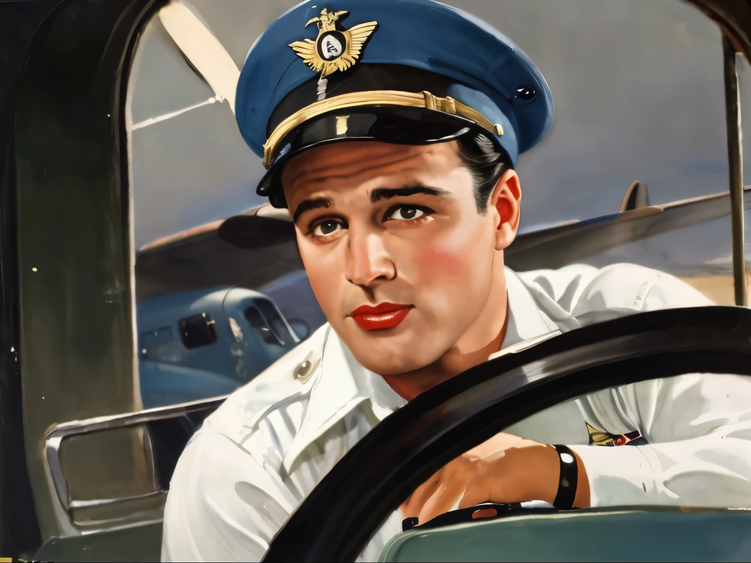 MARLON BRANDO Painting by Gil Elvgren depicting vintage watercolor by THE man actor MARLON BRANDO  airline pilot  with black hair from the 1940s at the airport, vintage inspired pin-up style, black, gil elvgren, high contrast shading, naturalistic proportions, use of fabric, large screens, looking at viewer, uh-oh expression on face, vintage 1940s, no arguments