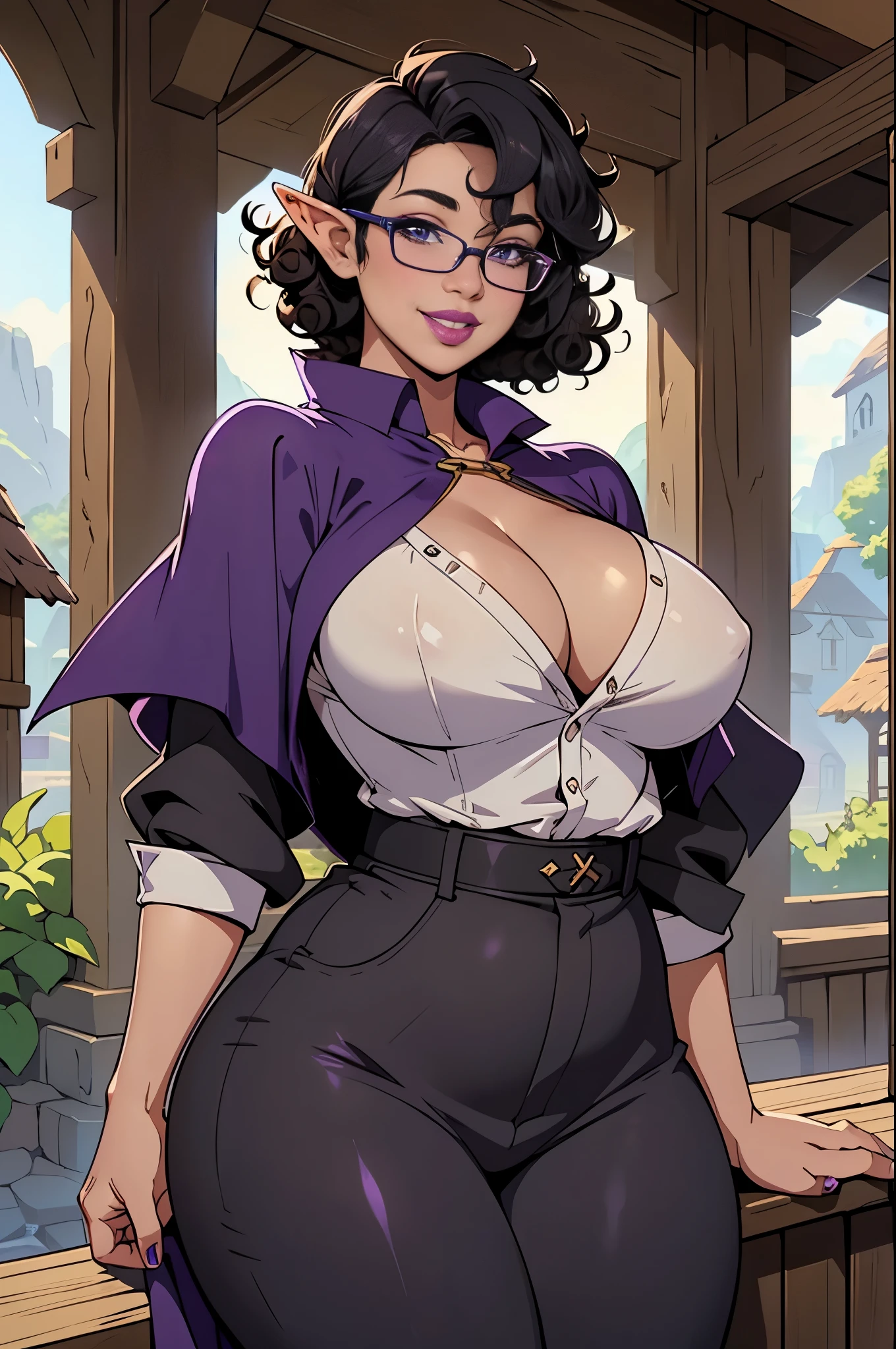 Solo, female, elf, purple skin, big breasts, lipstick, smiling, (big lips, plump lips, glossy lips), glasses, black hair, ((short hair, curly hair)), linen shirt, pants, fantasy village, cloak