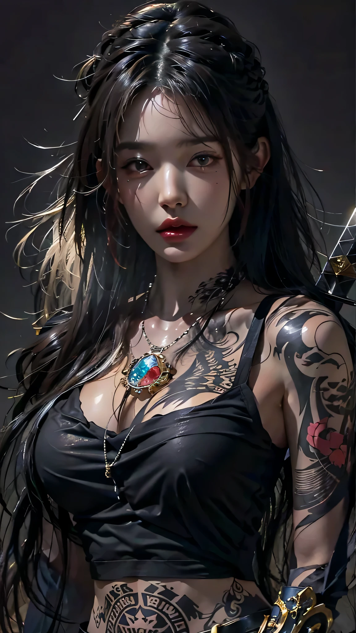 photorealistic, high resolution, soft light,1women, solo, hips up, (detailed face), jewelry, tattoo,black mafia clothing, black hair, super long hair, looking viewers, tatto, messy hair, close up, small breast, adult, holding sword