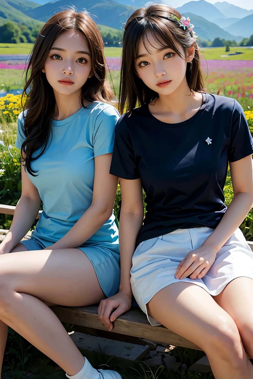 (2 girl), sitting, ideal , fitted blue t-shirts, legs, romantic, pre-wedding photoshoot, flower field mountain background, close-up
