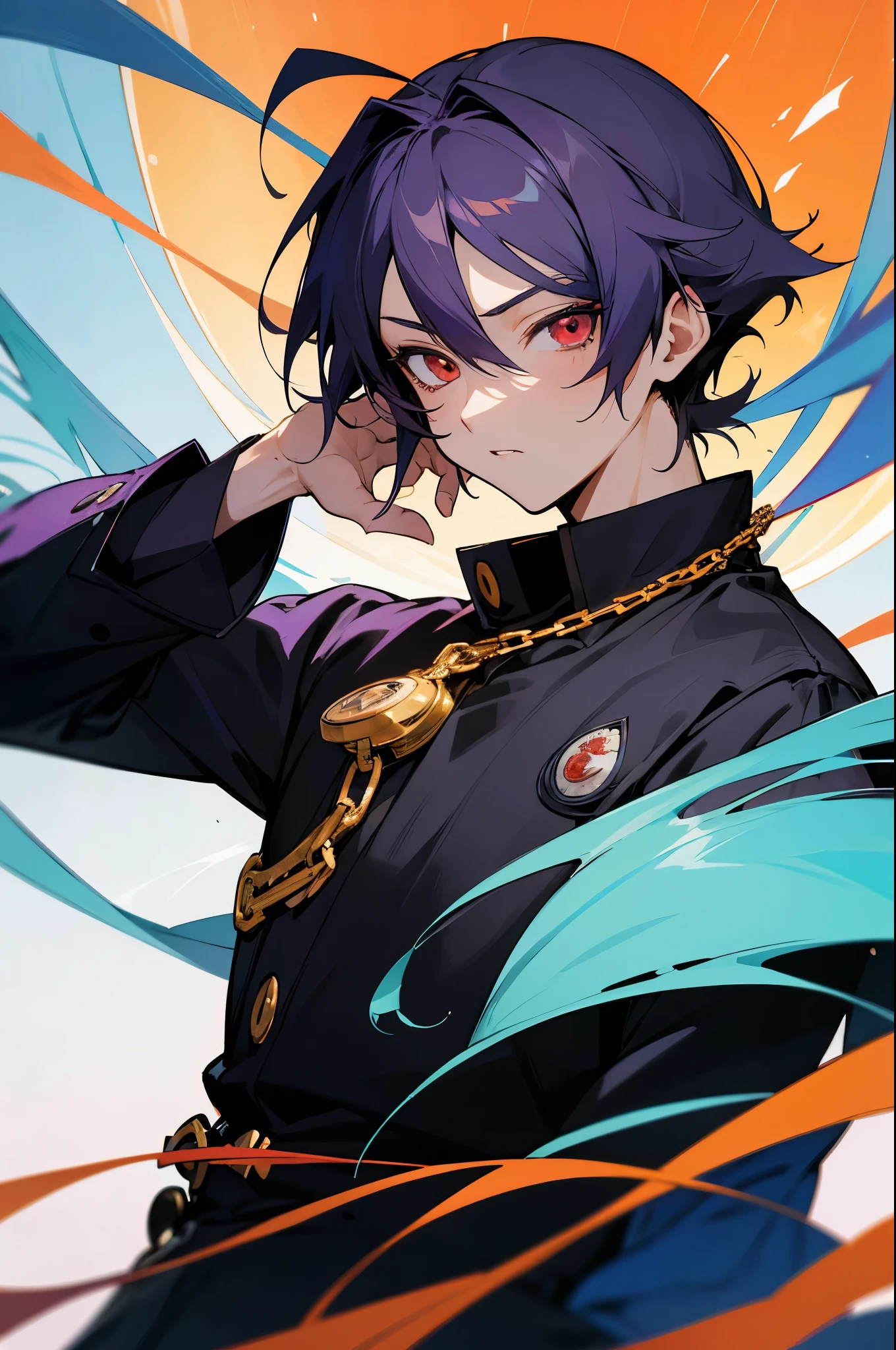 Anime boy with chain around neck and Red eyes, arte chave do anime, Gatilho Estilo de Arte de Anime, Principais visuais de anime, arte chave detalhada do anime, capa de anime, estilo de arte persona, inspirado em Okumura Masanobu, visual de anime chave, Yata Hana, visual chave do anime", manga cover style, Wataru Kajika, arte da capa da light novel, 1 Garoto
