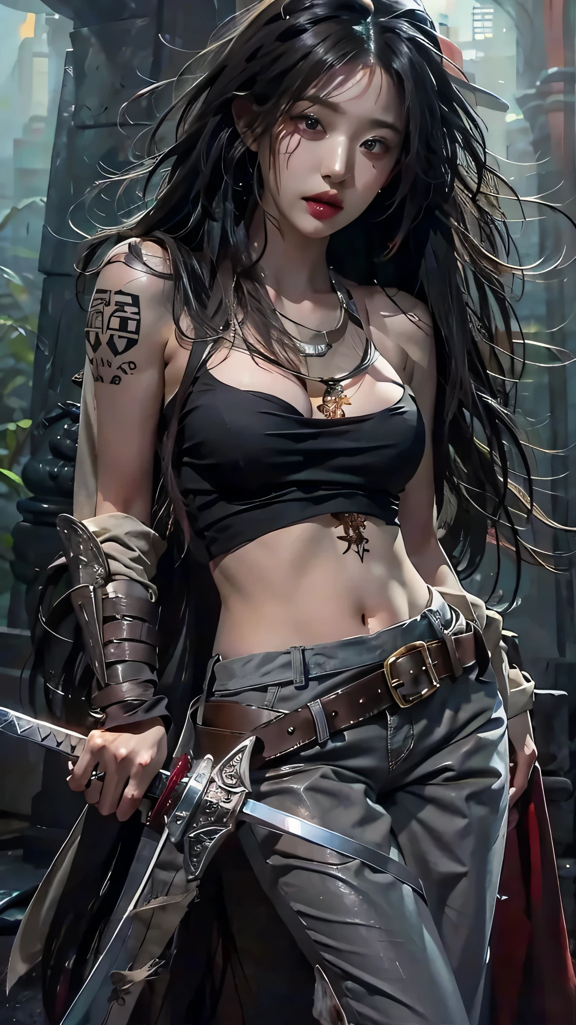 photorealistic, high resolution, soft light,1women, solo, hips up, (detailed face), jewelry, tattoo,black mafia clothing, black hair, super long hair, looking viewers, tatto, messy hair, close up, small breast, adult, holding sword