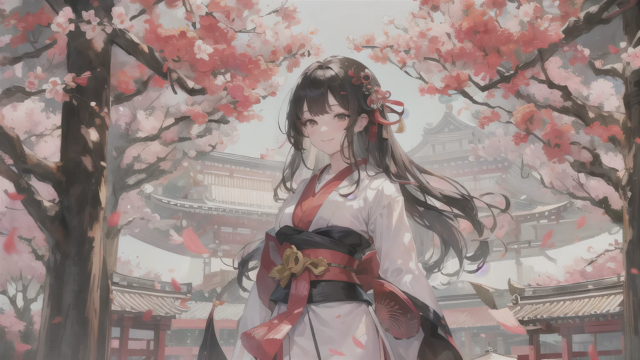 perfect anatomy, masterpiece:1.2, highest quality, 8K, beautiful and detailed growth, Utopian performance, panorama, break, Dazaifu Tenmangu Shrine Tobiume Festival, White plum and red plum are blooming beautifully.., break, alone:1.3 ((dull bangs)) (Beautiful girl with long black hair, 14, Cute closed eyes, sexy smile, In the costume of a priestess.