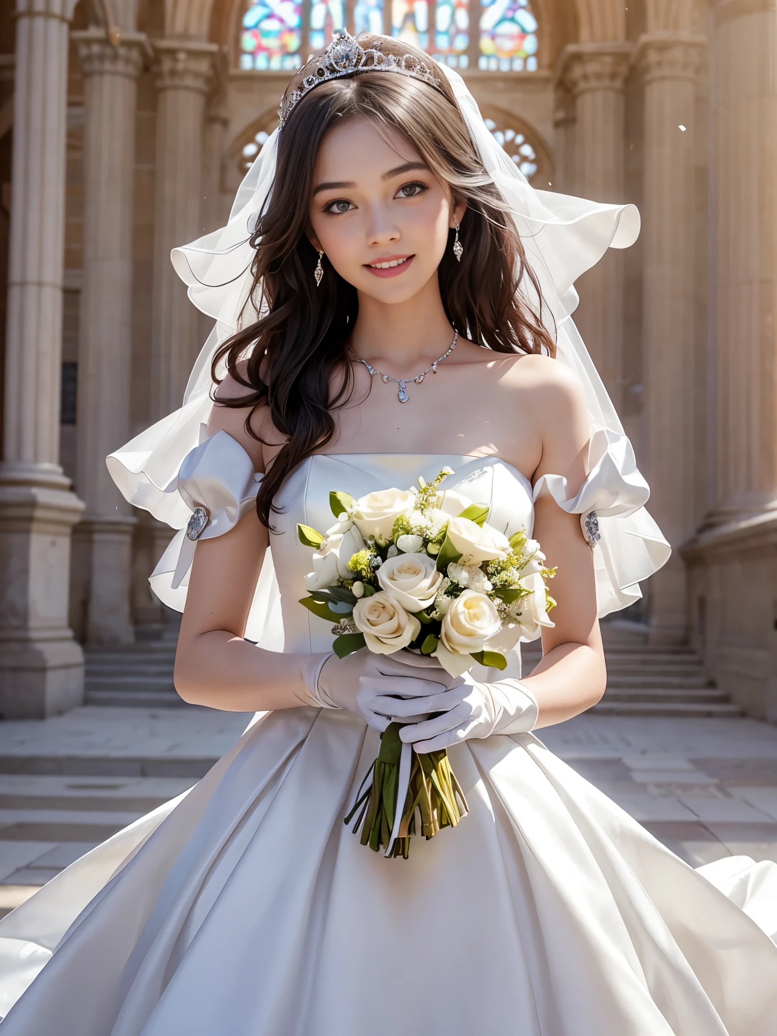 please let her sit down, 1 girl,huge laugh, cute teen, shiny lips, sweet, sun glare, Conservative attire, Beaded bell-line wedding dress, white gloves, bouquet, bridal tiara, depth of field, blurred background, Cathedral Background, light particles, strong wind, head tilt, long hair, 