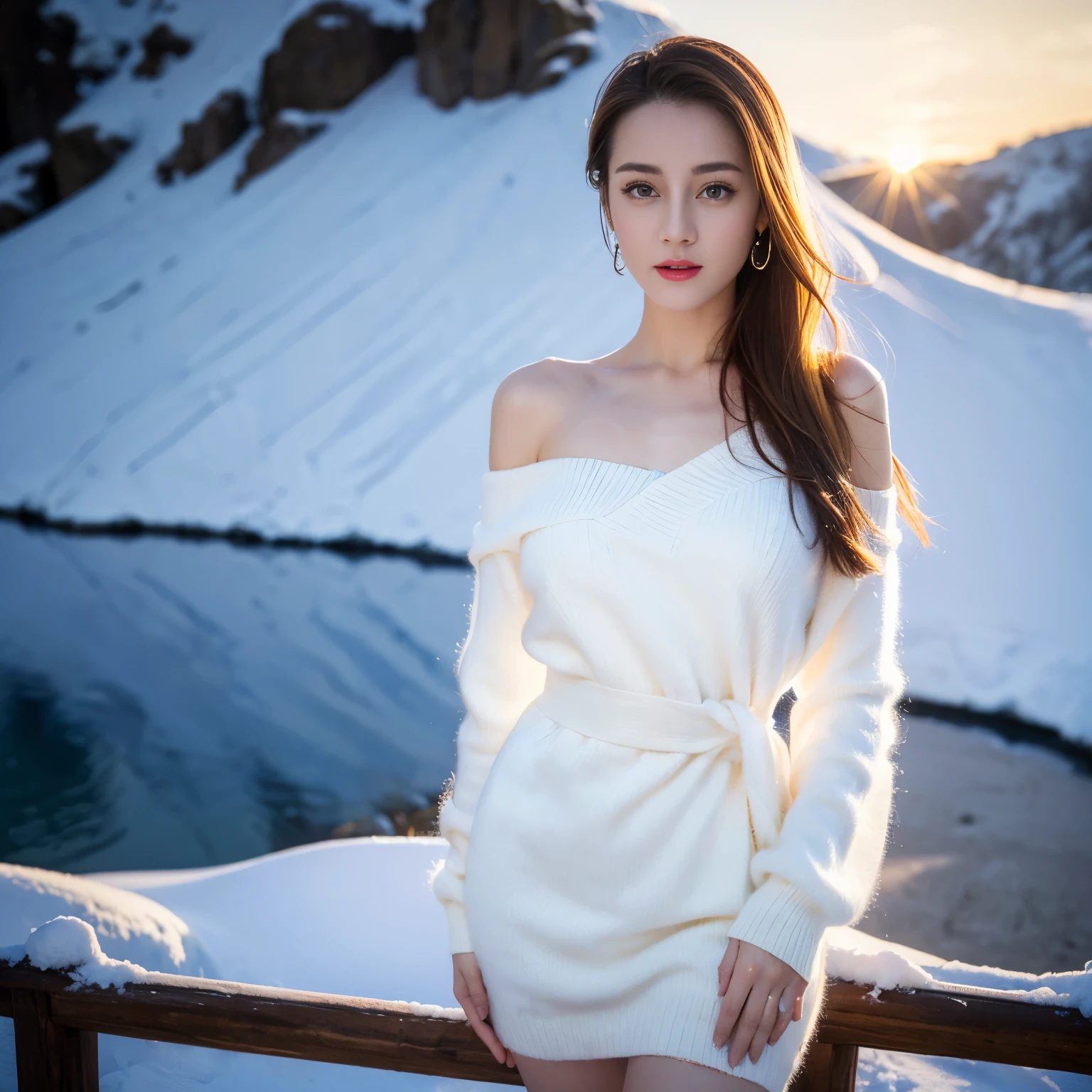 ((top quality、8k、​Masterpiece:1.3))、Extremely delicate and beautiful girl，full-body shot，huge breasts，bigger breasts，amazing breast size，G cup。Wear big earrings，Very white skin，moist red lips，Waist is very thin，Thighs are very thin，big butt，fair and smooth skin，Smooth and fair skin，flawless skin，Fair and shiny skin，cold white skin，The camera focuses on the chest，Bright light，white sweater，Lower body exposed，bare shoulders，light blonde hair，The hair is light blonde，Snow covers the ground，snow mountain，sunset，lake