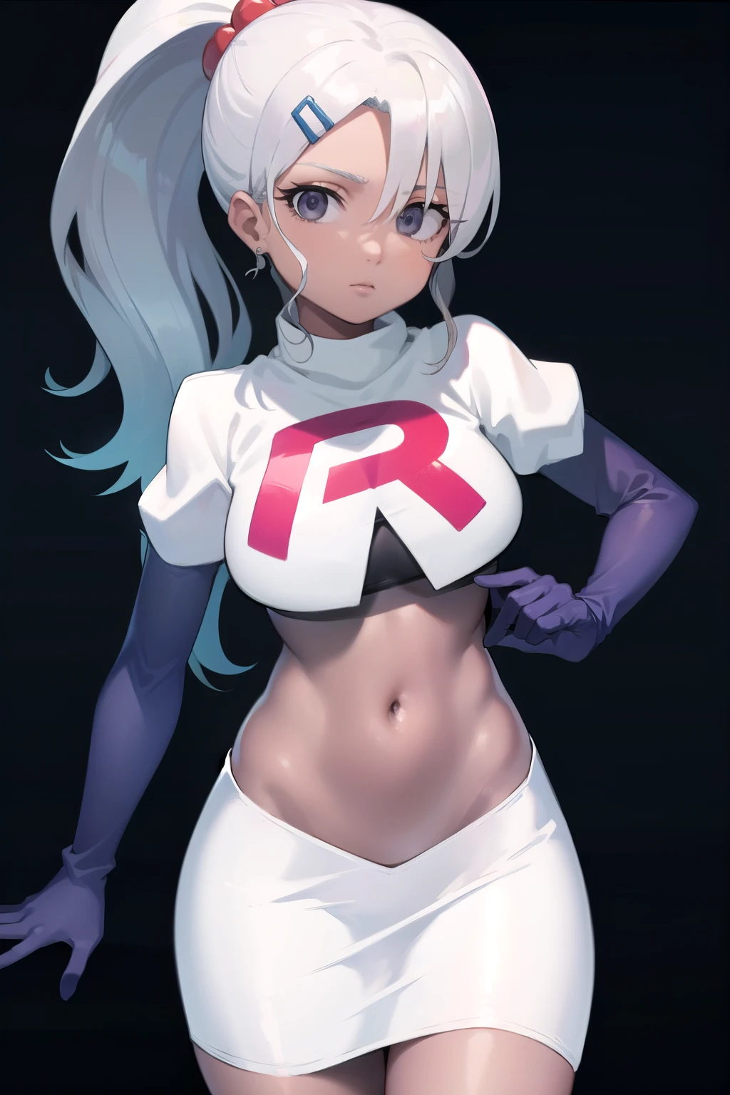 juliemakimoto, julie makimoto, long hair, hair ornament, ponytail, white hair, hairclip, dark skin, dark-skinned female, (grey eyes:1.5),
BREAK navel, jewelry, team rocket,team rocket uniform, red letter R, white skirt,white crop top,black thigh-highs,black elbow gloves
BREAK looking at viewer, (cowboy shot:1.5),
BREAK (masterpiece:1.2), best quality, high resolution, unity 8k wallpaper, (illustration:0.8), (beautiful detailed eyes:1.6), extremely detailed face, perfect lighting, extremely detailed CG, (perfect hands, perfect anatomy),