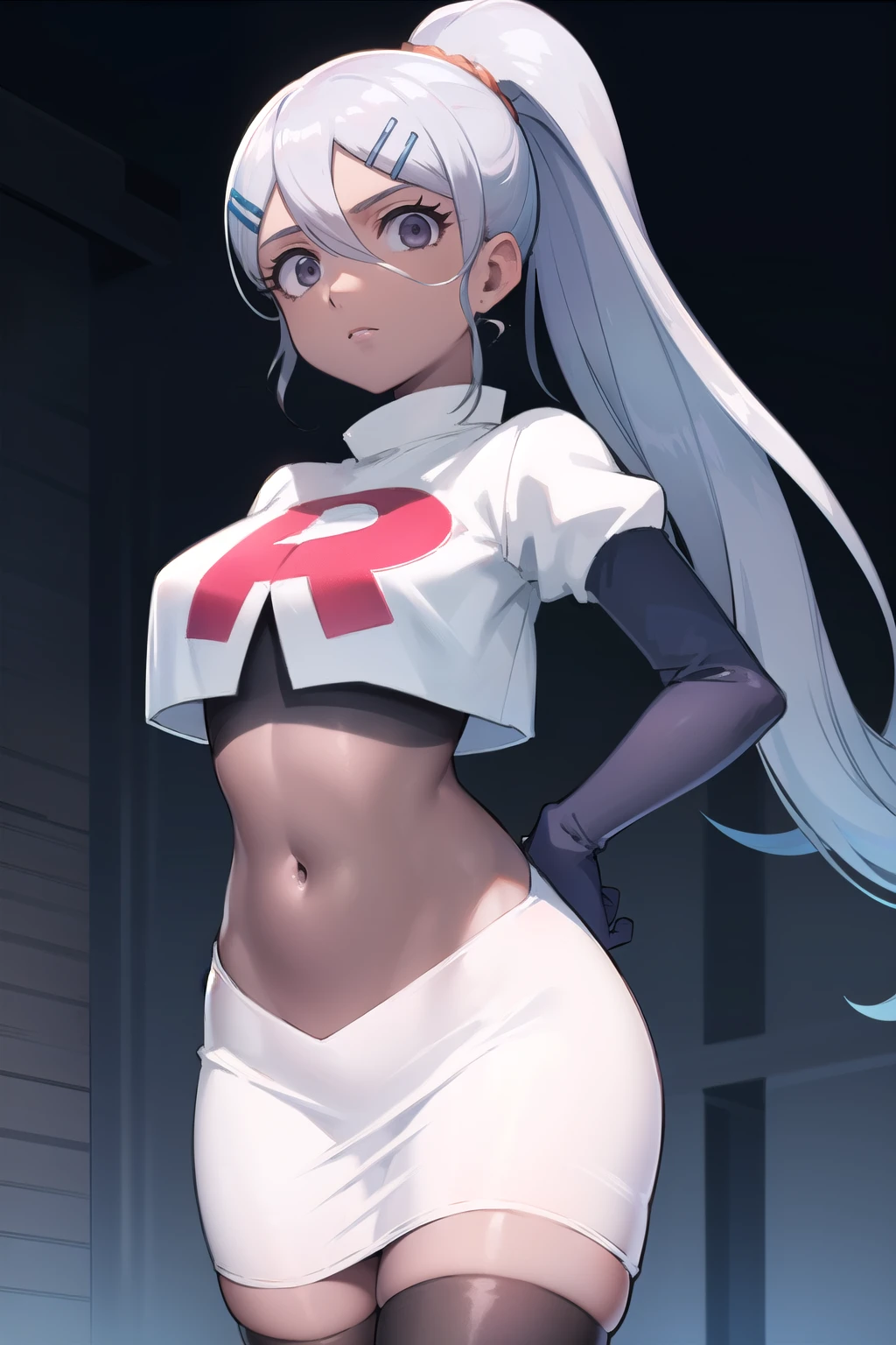 juliemakimoto, julie makimoto, long hair, hair ornament, ponytail, white hair, hairclip, dark skin, dark-skinned female, (grey eyes:1.5),
BREAK navel, jewelry, team rocket,team rocket uniform, red letter R, white skirt,white crop top,black thigh-highs,black elbow gloves
BREAK looking at viewer, (cowboy shot:1.5),
BREAK (masterpiece:1.2), best quality, high resolution, unity 8k wallpaper, (illustration:0.8), (beautiful detailed eyes:1.6), extremely detailed face, perfect lighting, extremely detailed CG, (perfect hands, perfect anatomy),