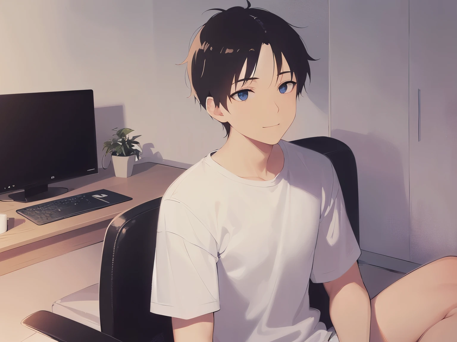 side angle, computer、(looking away:1.5)、Upper Body, masterpiece、highest quality、25 year old male with short black hair and blue eyes, wearing a white T-shirt、sitting、smile, The background is the living room、(Alone:2)