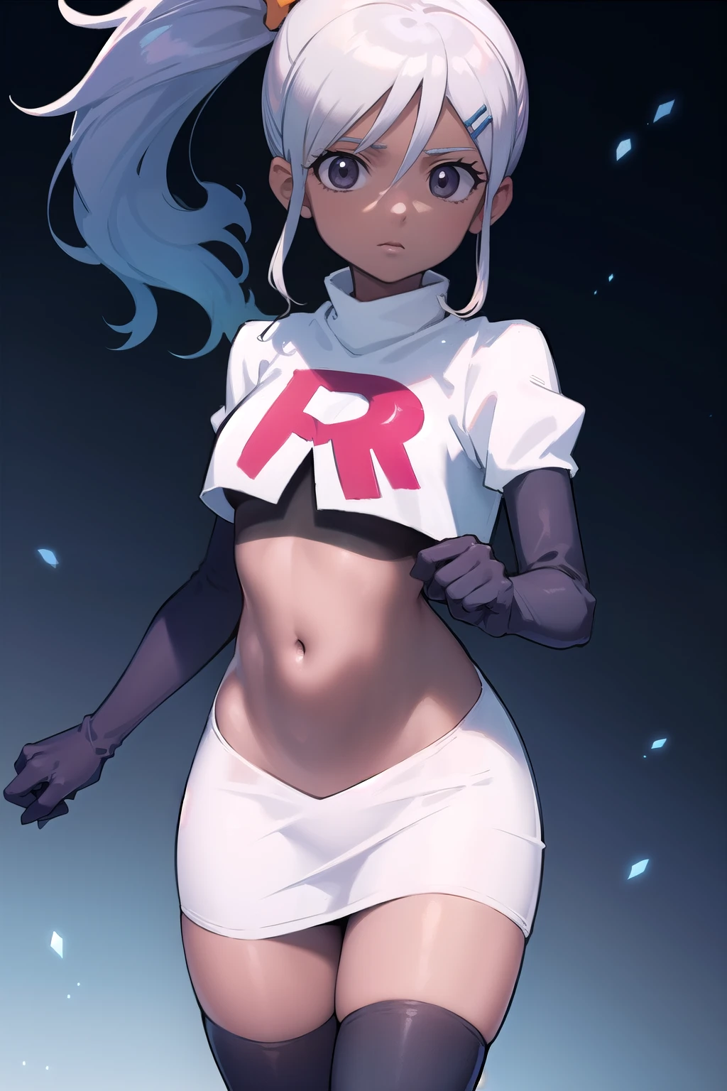 juliemakimoto, julie makimoto, long hair, hair ornament, ponytail, white hair, hairclip, dark skin, dark-skinned female, (grey eyes:1.5),
BREAK navel, jewelry, team rocket,team rocket uniform, red letter R, white skirt,white crop top,black thigh-highs,black elbow gloves
BREAK looking at viewer, (cowboy shot:1.5),
BREAK (masterpiece:1.2), best quality, high resolution, unity 8k wallpaper, (illustration:0.8), (beautiful detailed eyes:1.6), extremely detailed face, perfect lighting, extremely detailed CG, (perfect hands, perfect anatomy),